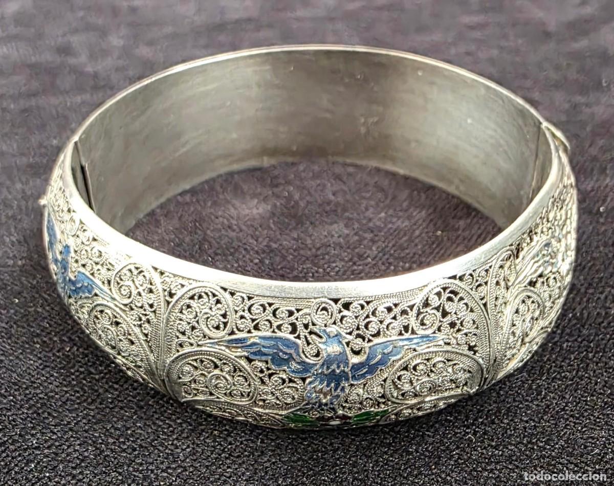 Joyeria: Pulsera antigua de filigrana con aves esmaltadas &ndash; Brazalete vintage 5,7 cm
