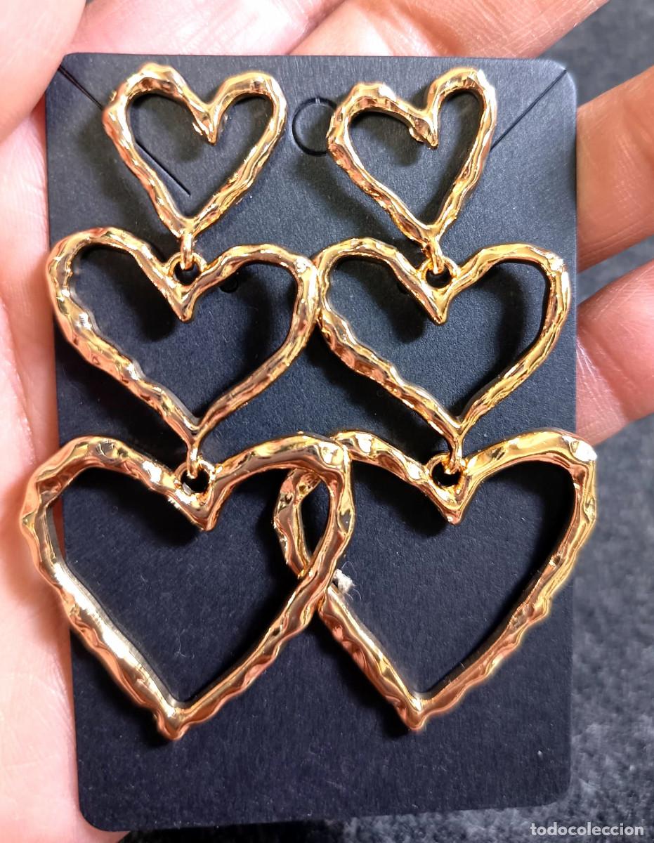 Joyeria: Pendientes largos corazones color oro, Nuevos