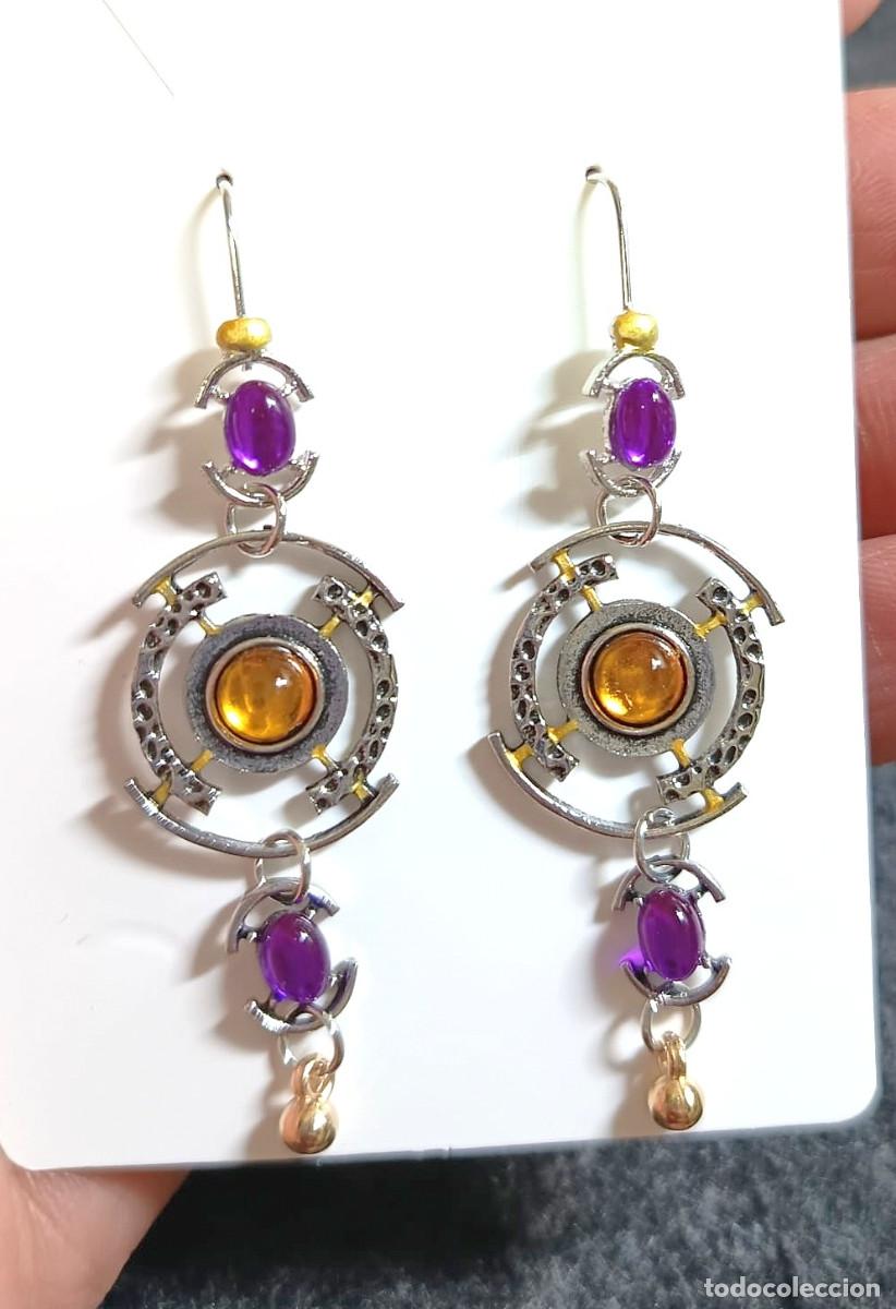 Joyeria: Pendientes largos color plata y oro con strass color , Nuevos