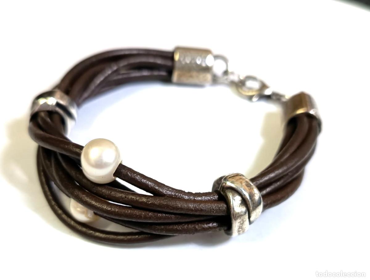 Joyeria: Pulsera Vintage de piel marr&oacute;n con perlas naturales, A&ntilde;o 2000
