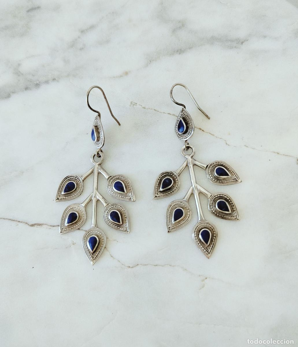 Joyeria: Pendientes Kuchi tribal boho, hojas, lapislazul&iacute; y metal plateado // Joyer&iacute;a &eacute;tnica Turca