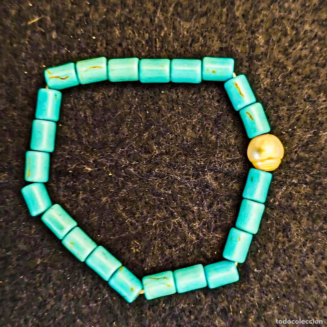 Joyeria: PULSERA ELASTICA DE TUBOS DE TURQUESA Y PERLA CULTIVADA 11 MM