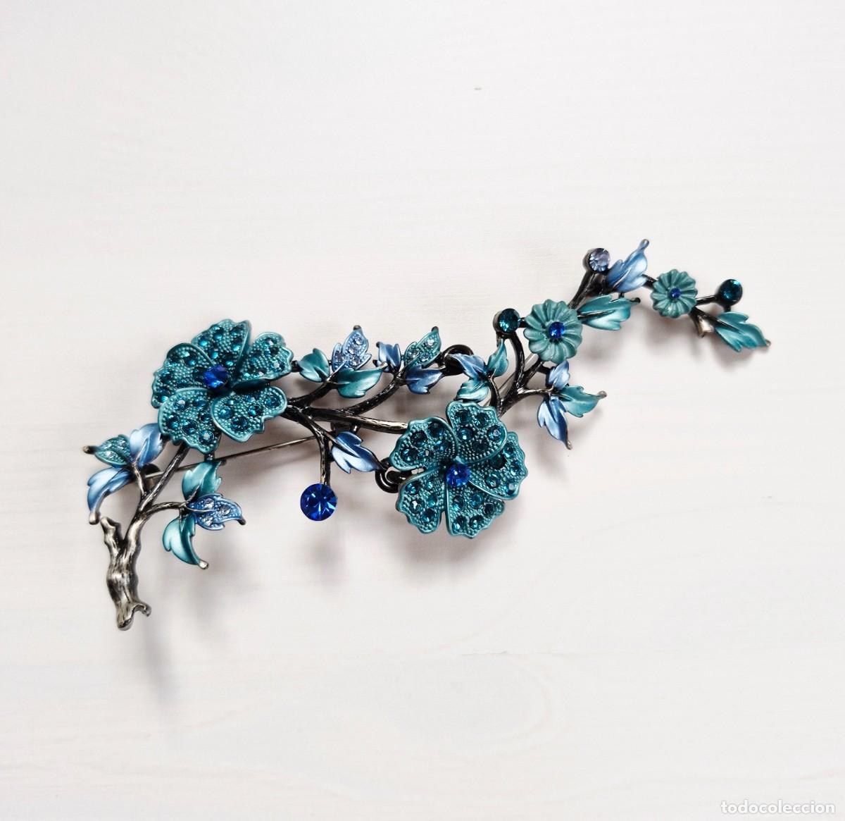 Joyeria: BROCHE DOBLE FLORAL ESMALTADO TURQUESA Y AZUL -DOBLE AGUJA-13 CMS