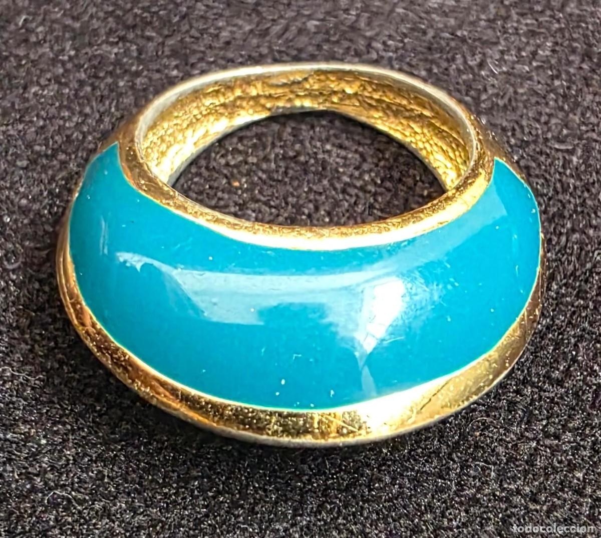 Joyeria: Anillo Vintage Esmaltado Azul Turquesa y Metal Dorado &ndash; Dise&ntilde;o Retro A&ntilde;os 80-90 &ndash; 2 cm