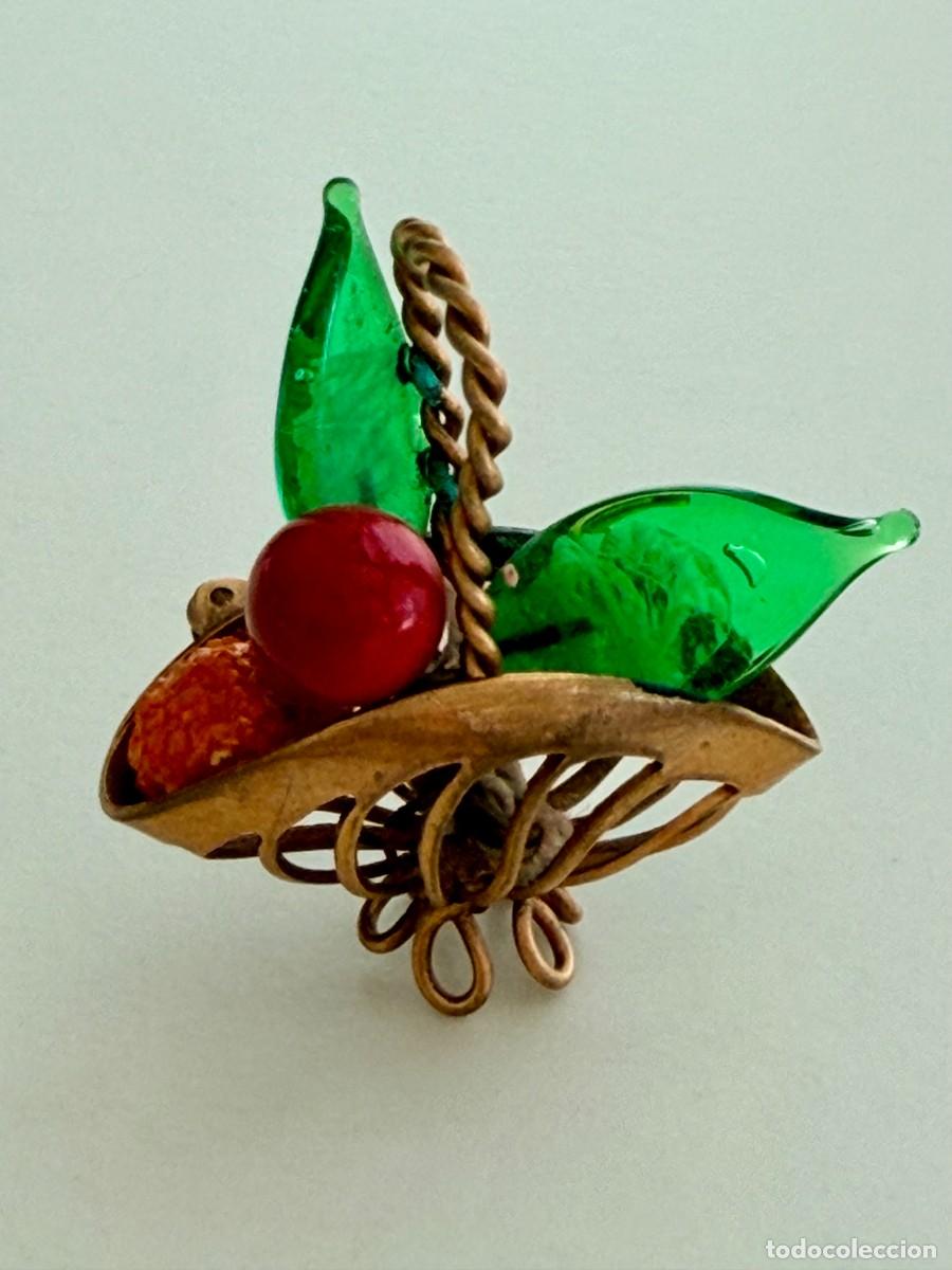 Joyeria: Antiguo Broche Cesta Floral Cristal Verde A&ntilde;os 50 60