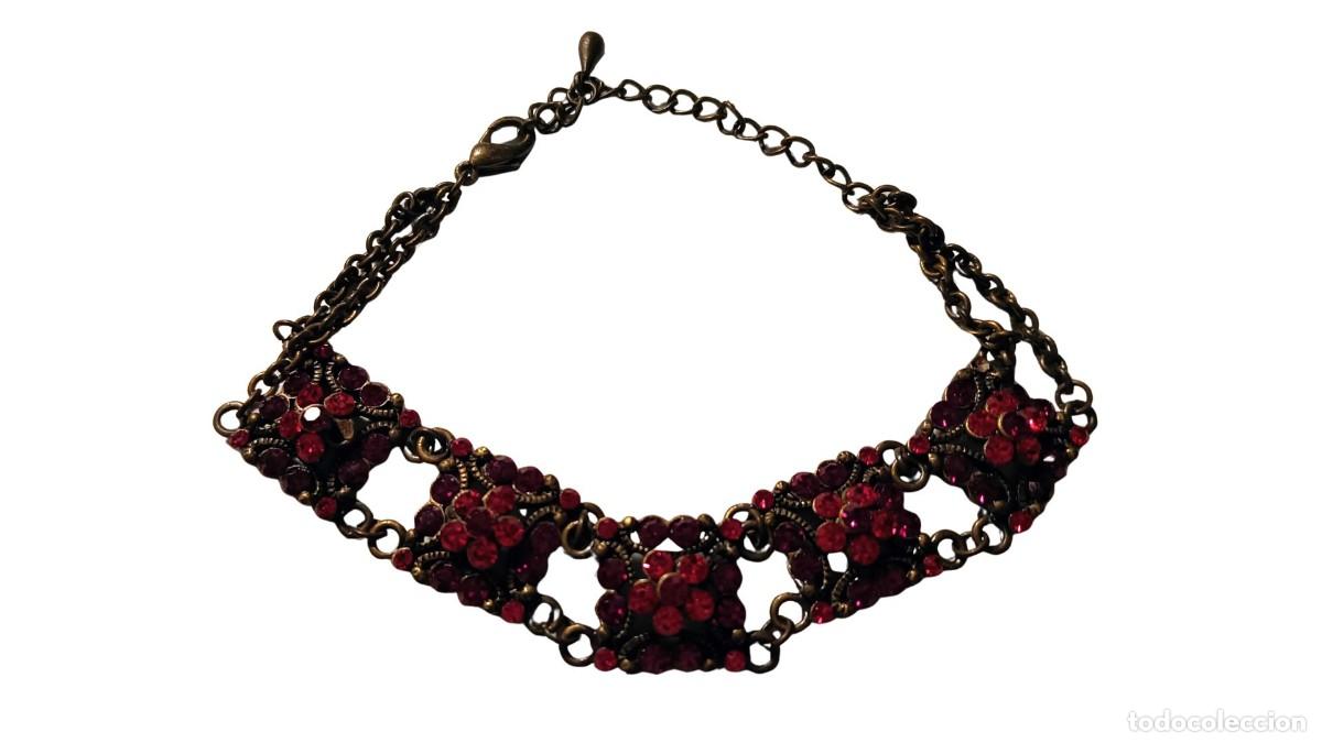Joyeria: PULSERA BIB FILIGRANA METAL ENVEJECIDO &middot; STRASS ROJO/FUCSIA &middot; ESTILO VICTORIANO &middot; A&Ntilde;OS 90/2000