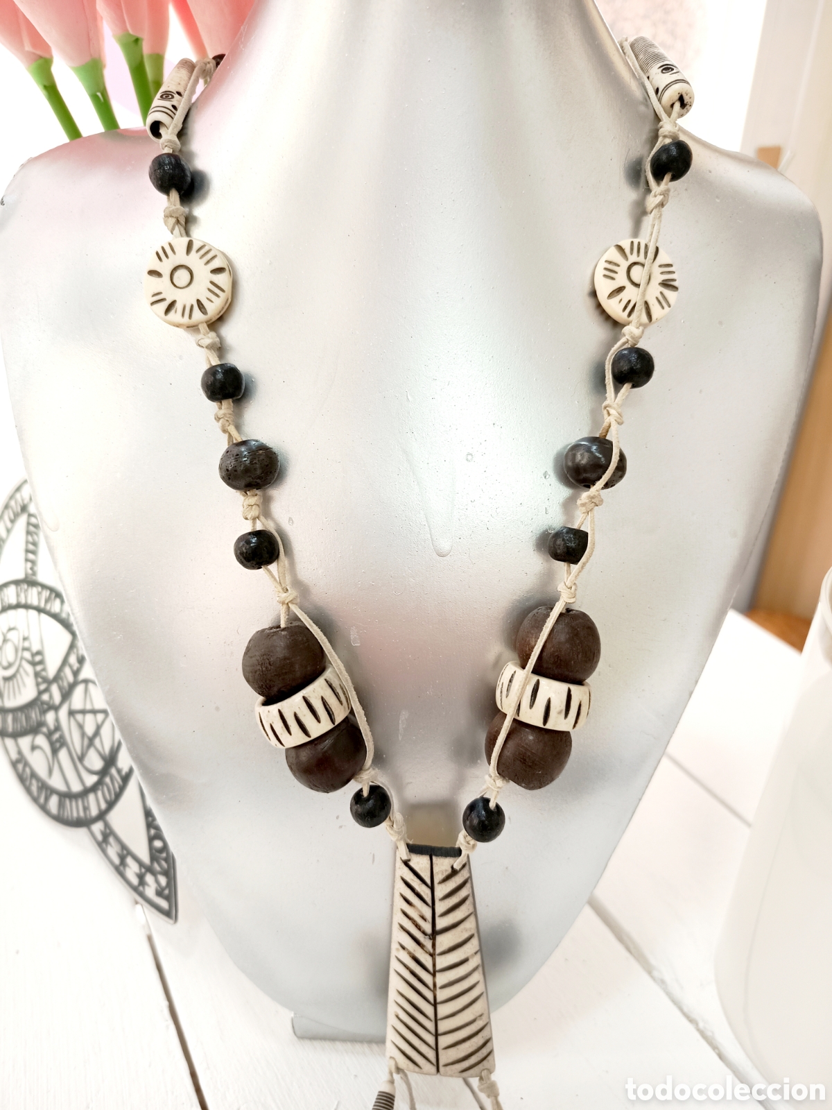 Joyeria: Collar vintage bohemio de hueso y madera, antial&eacute;rgico, a&ntilde;os 80's, nuevo