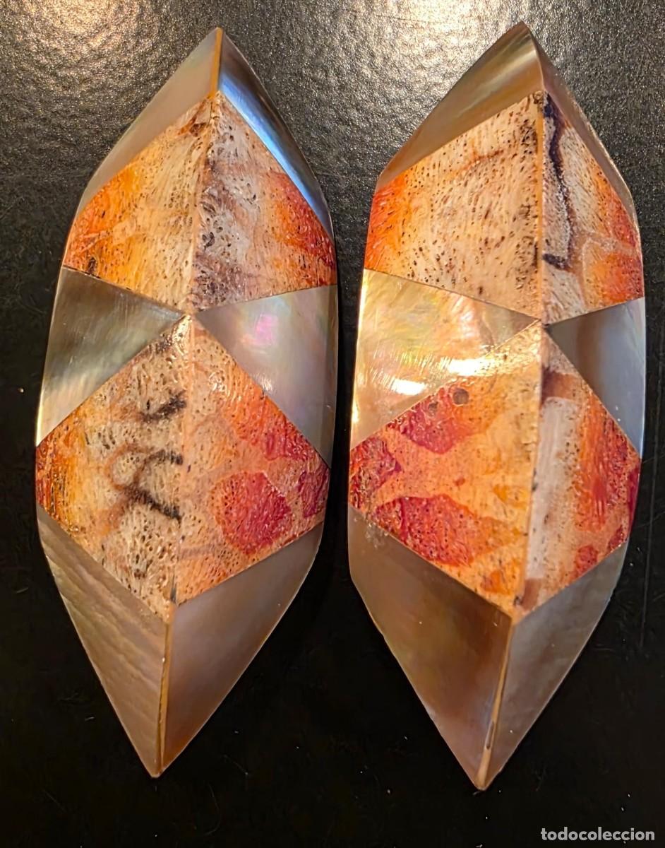 Joyeria: Pendientes Vintage Artesanales de Madera, N&aacute;car y Resina &ndash; Dise&ntilde;o Geom&eacute;trico Retro A&ntilde;os 60-70