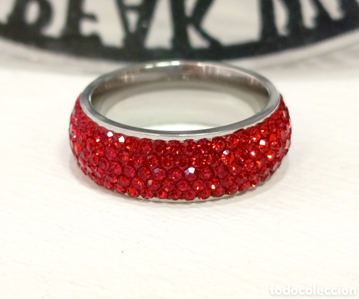 Joyeria: Anillo de acero con strass color rojo, talla 9 (19 mm de di&aacute;metro interior), nuevo