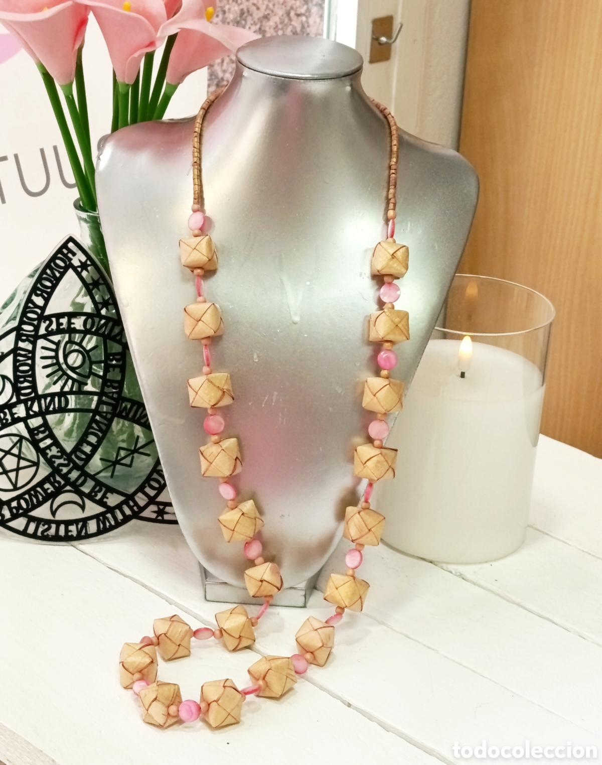 Joyeria: Collar bohemio largo de palma y n&aacute;car color rosa, a&ntilde;o 2000, nuevo