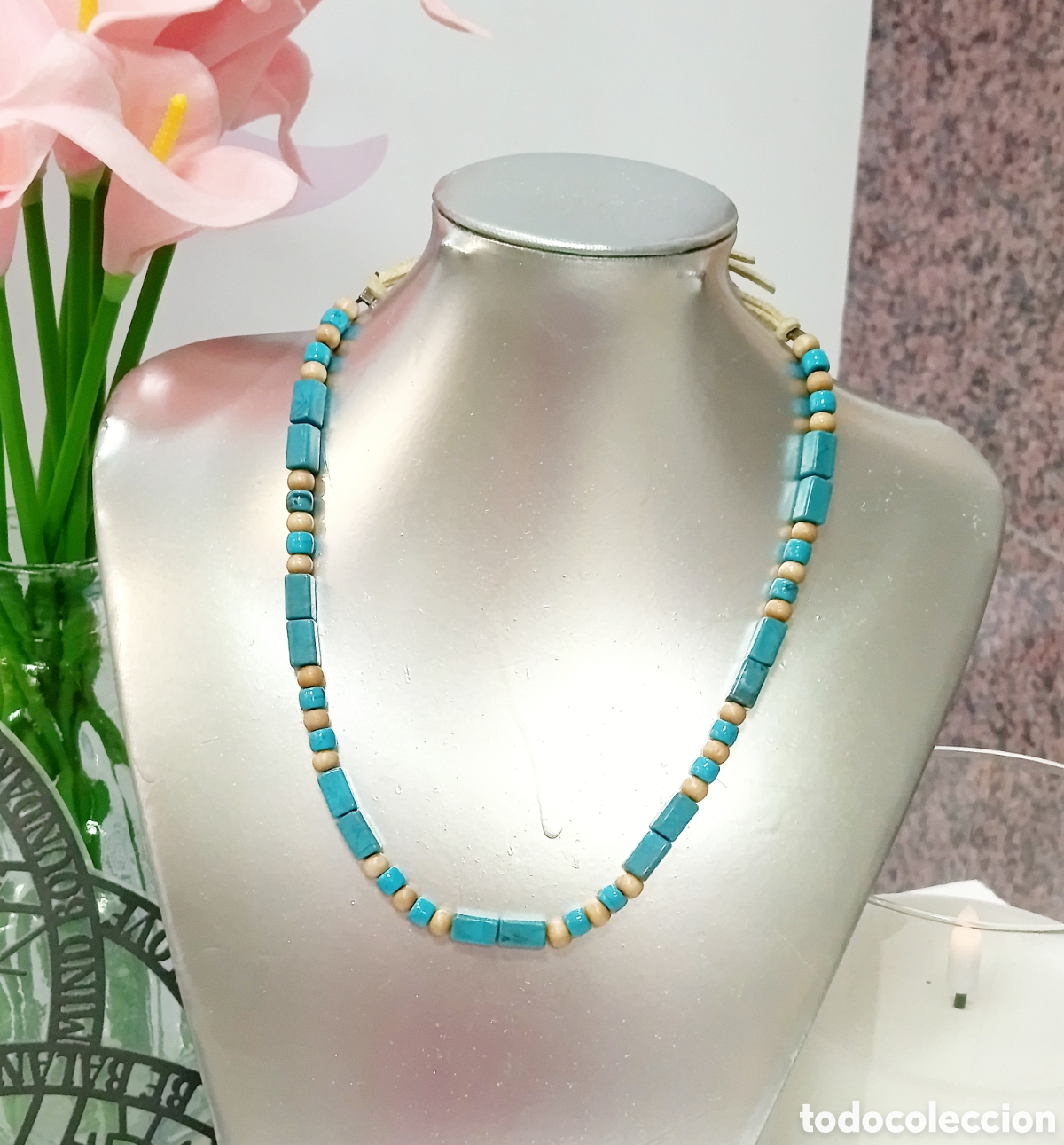Joyeria: Collar bohemio azul turquesa, largo regulable, unisex, a&ntilde;o 2000, nuevo