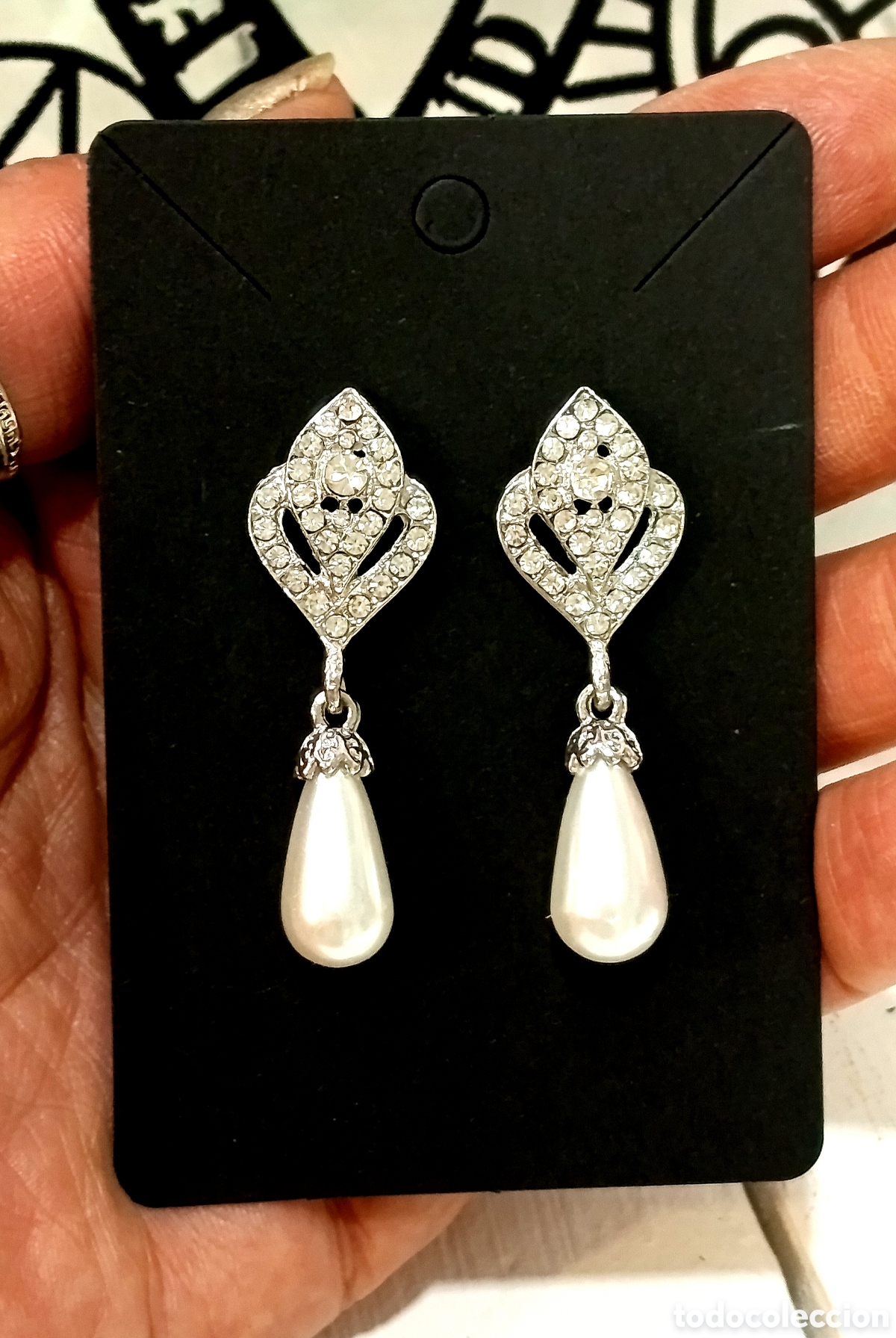 Joyeria: Pendientes color plata con cristal y perla gota blanca, nuevos
