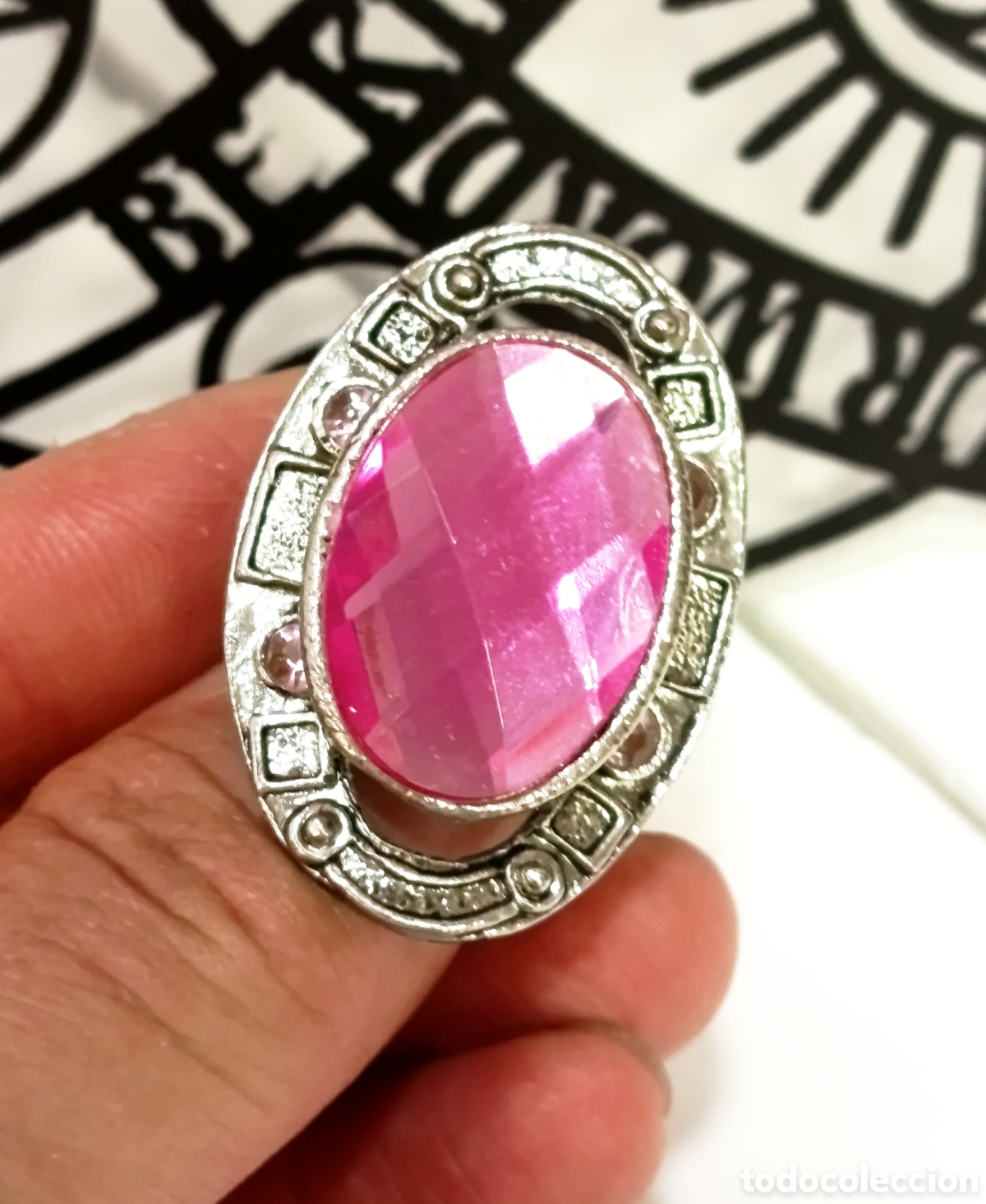 Joyeria: Anillo color plata con strass color rosa, a&ntilde;o 2000, nuevo