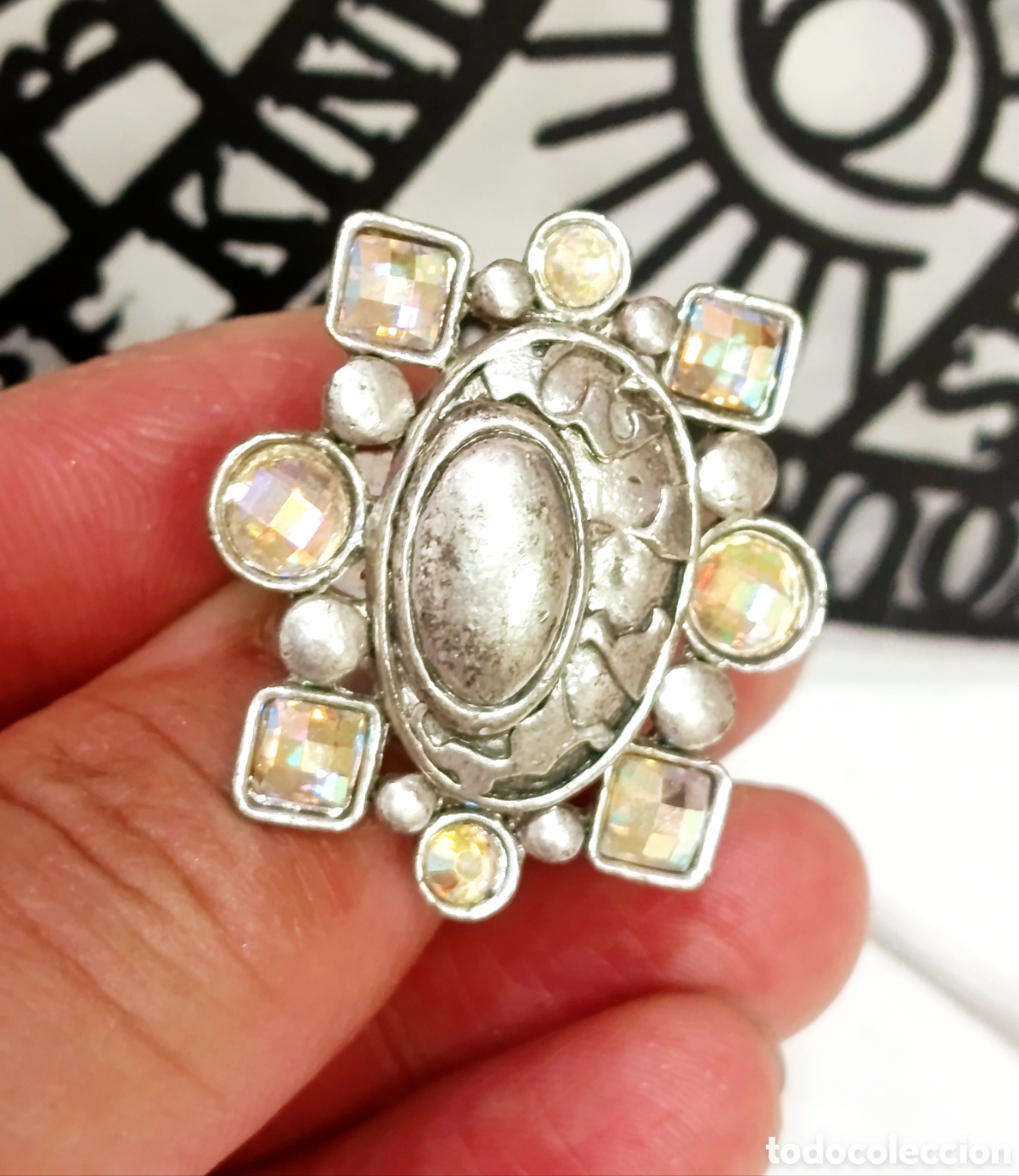 Joyeria: Anillo color plata con strass AB, talla ajustable, a&ntilde;o 2000, nuevo