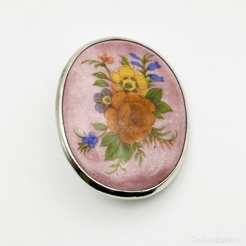 Joyeria: Broche vintage firmado Michel Le Brun France &ndash; esmalte floral oval fondo rosa, a&ntilde;os 60-80