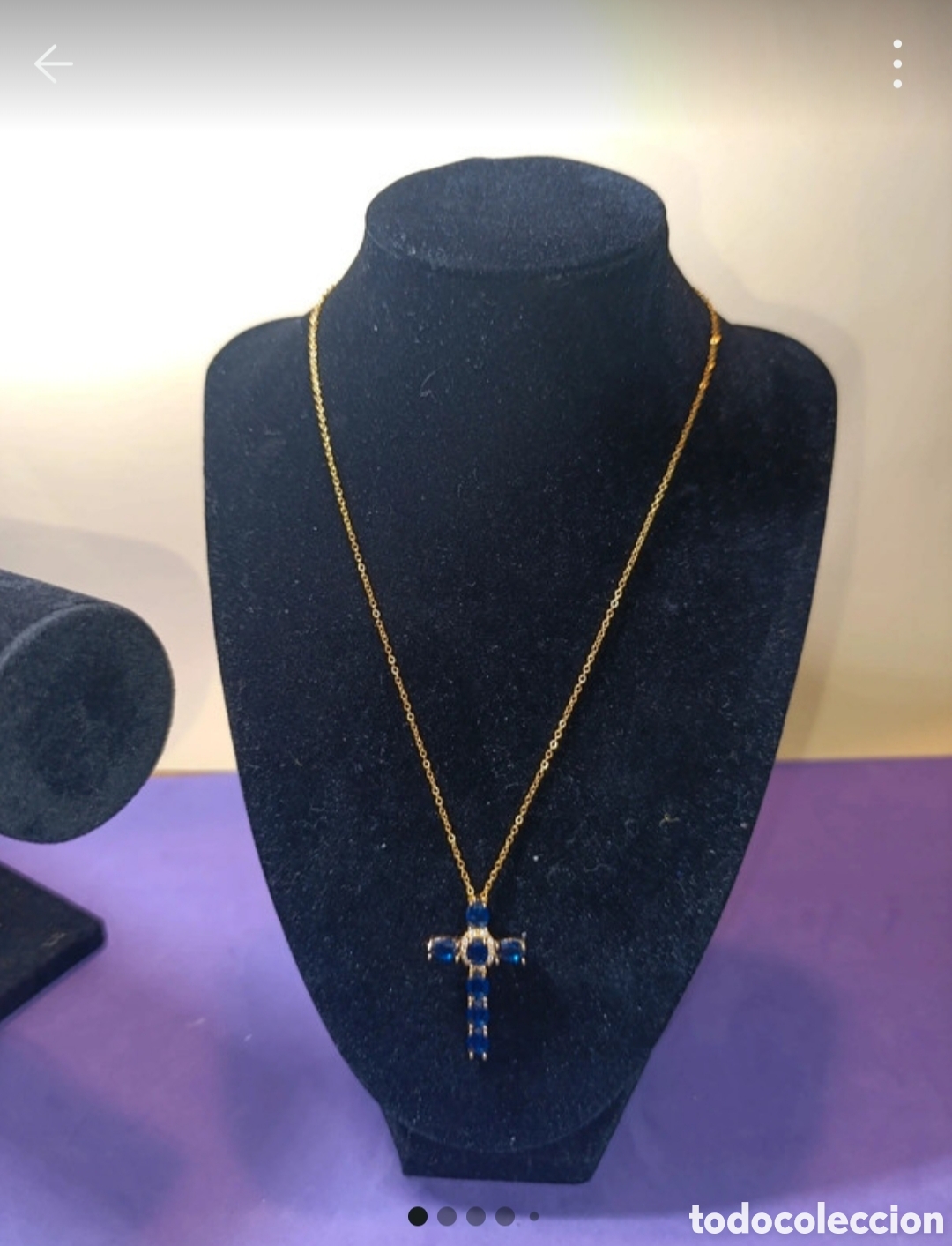 Joyeria: Collar acero dorado cruz circonitas azules 46 cms