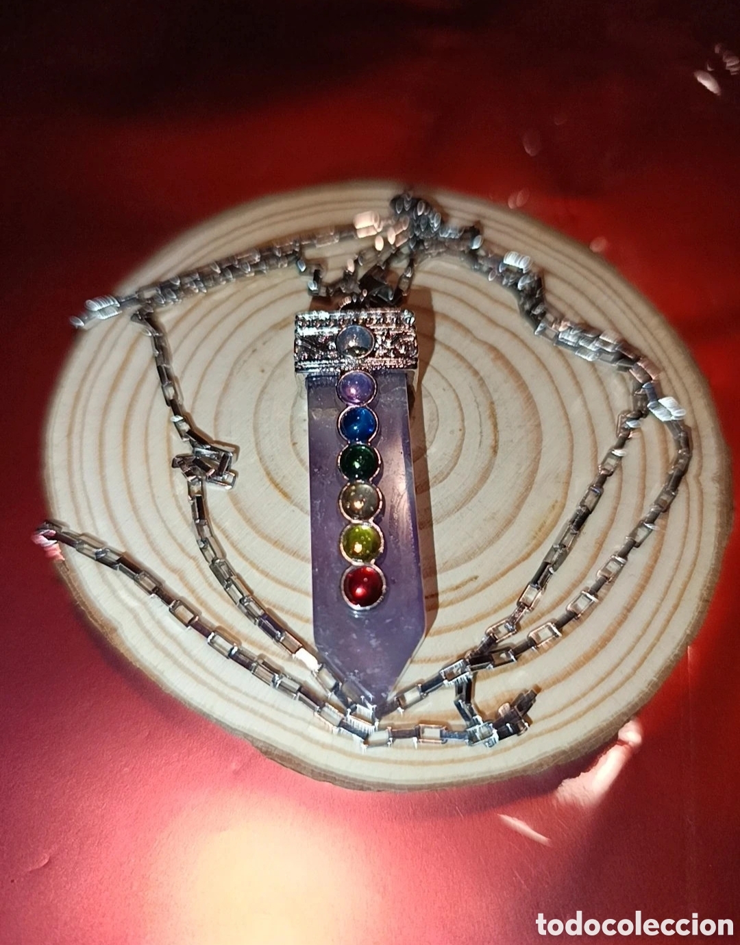Joyeria: Collar acero plateado 58 cms Amatista y 7 Chakras