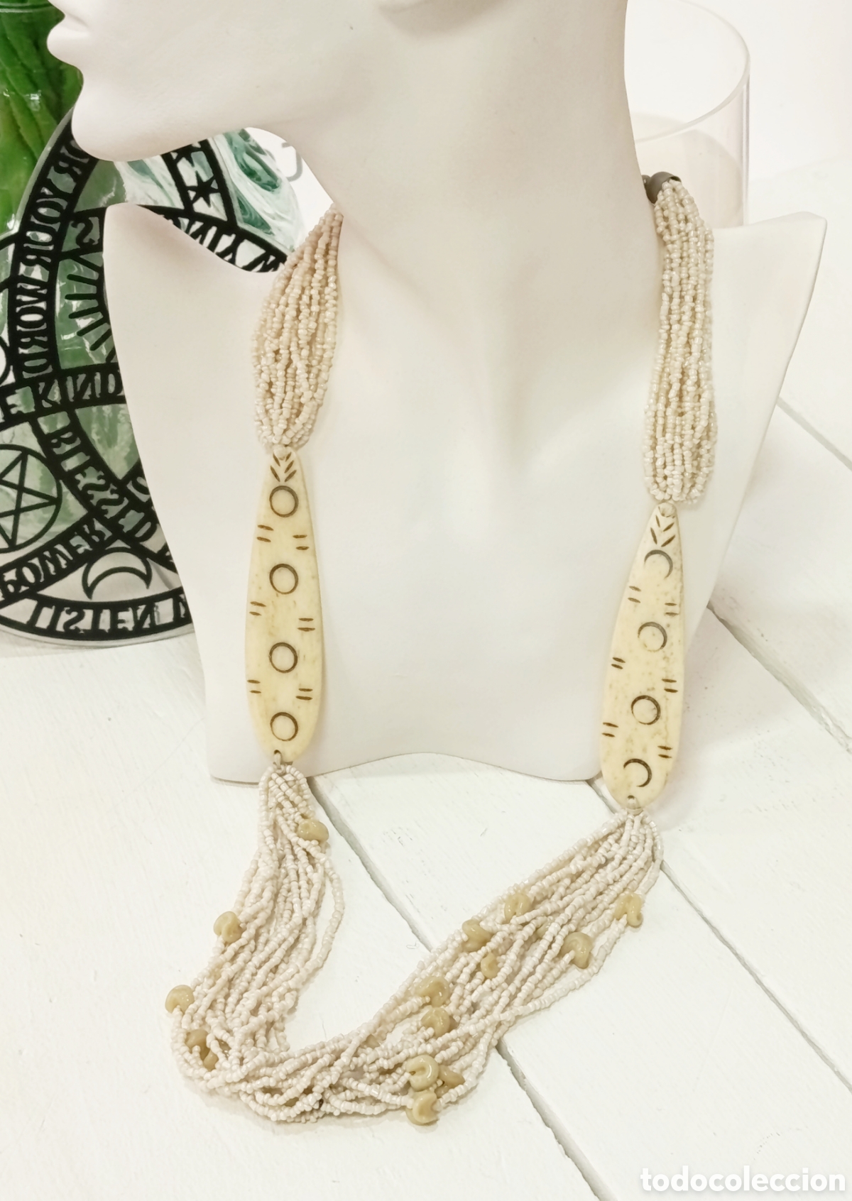 Joyeria: Collar Bohemio cristal beige y hueso, a&ntilde;os 80's, nuevo