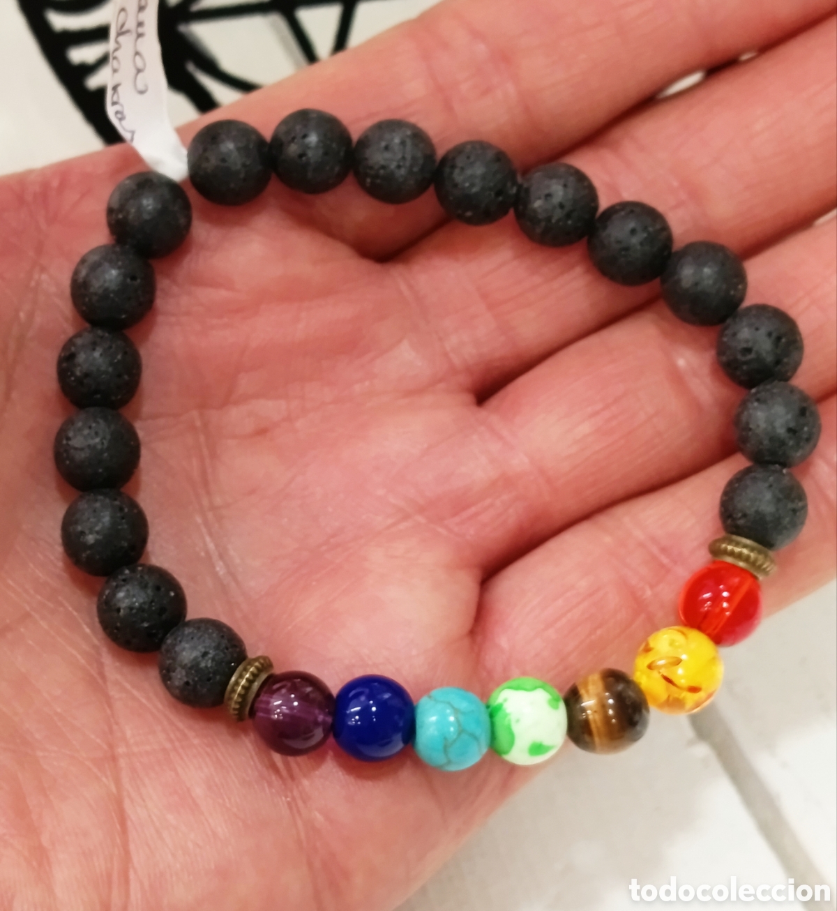 Schmuck: Pulsera de protecci&oacute;n de lava volc&aacute;nica y 7 chakras preparada energ&eacute;ticamente con palo santo