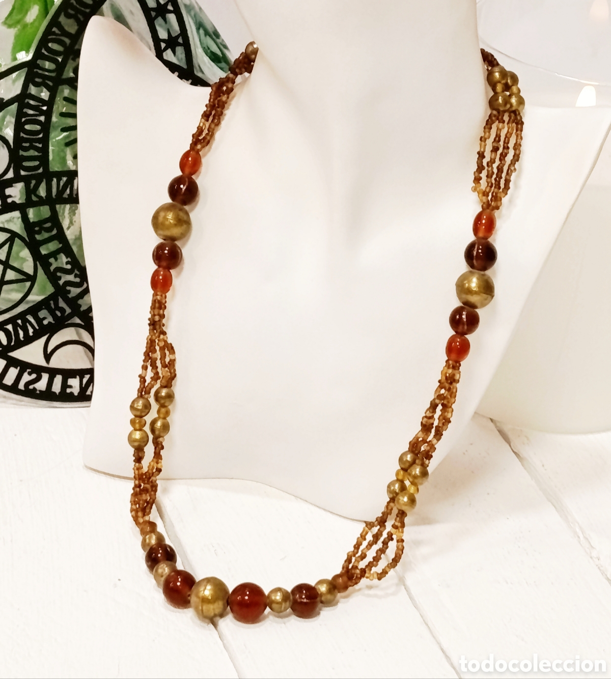 Joyeria: Collar Bohemio cristal marr&oacute;n y metal color oro, a&ntilde;os 80's, nuevo