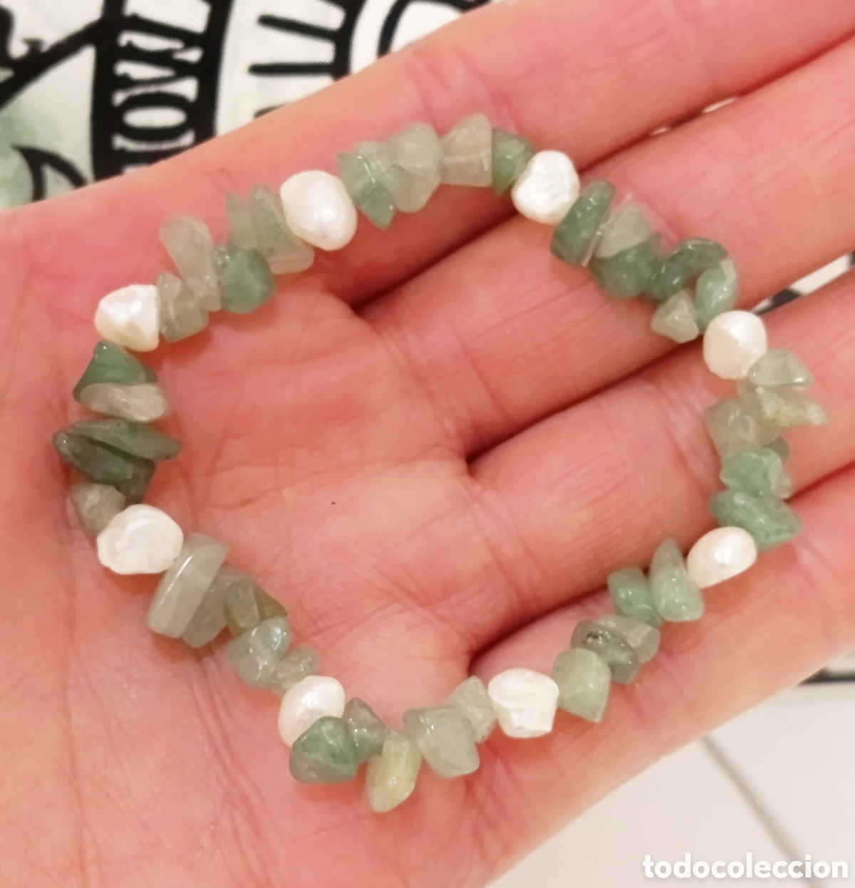 Joyeria: Pulsera de protecci&oacute;n de piedra aventurina verde y perlas naturales preparada con palo santo, nueva