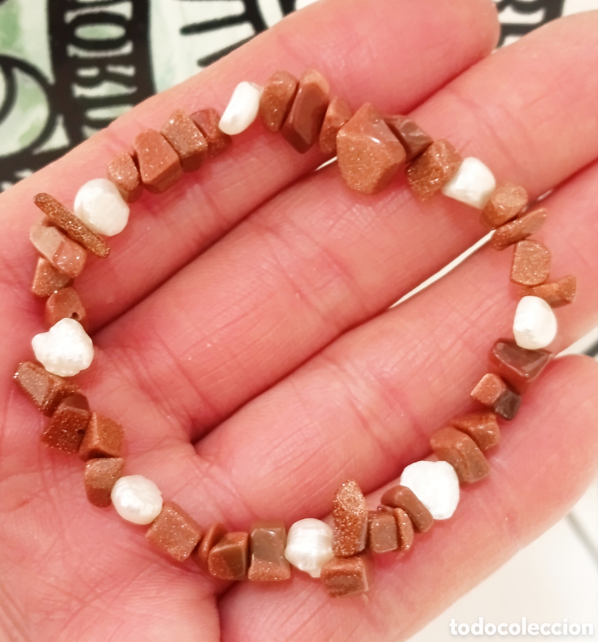 Joyeria: Pulsera de protecci&oacute;n de piedra del Sol y perlas naturales preparada energ&eacute;ticamente con palo santo
