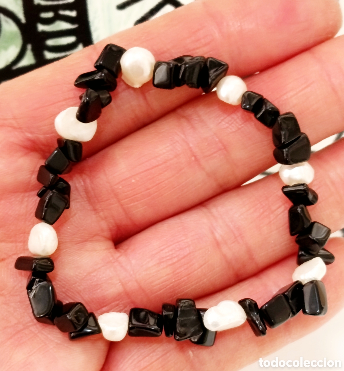 Joyeria: Pulsera de protecci&oacute;n de Onix y perlas naturales preparada energ&eacute;ticamente con palo santo, nueva