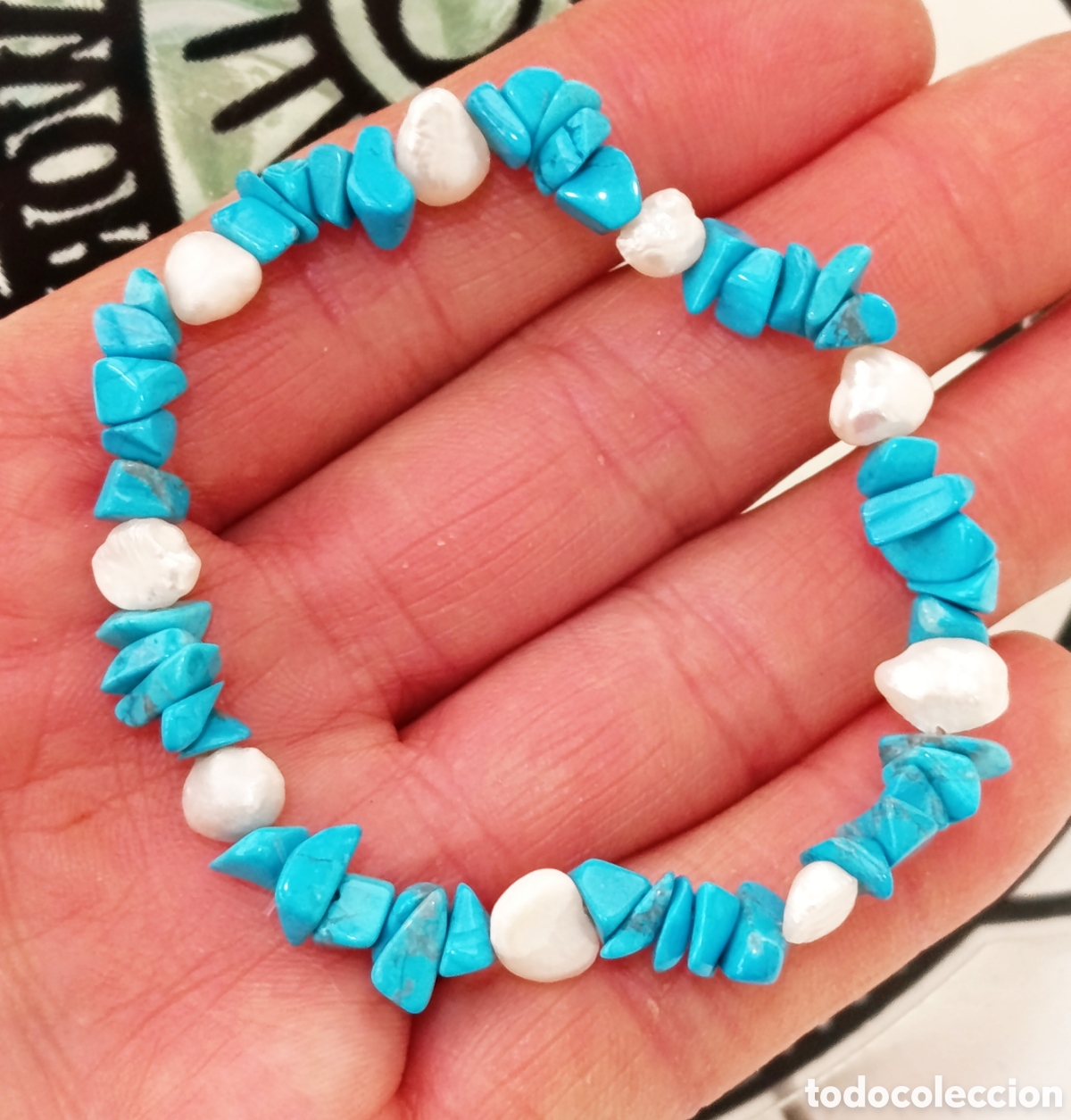 Joyeria: Pulsera de protecci&oacute;n de piedra turquenita y perlas naturales preparada con palo santo, nueva