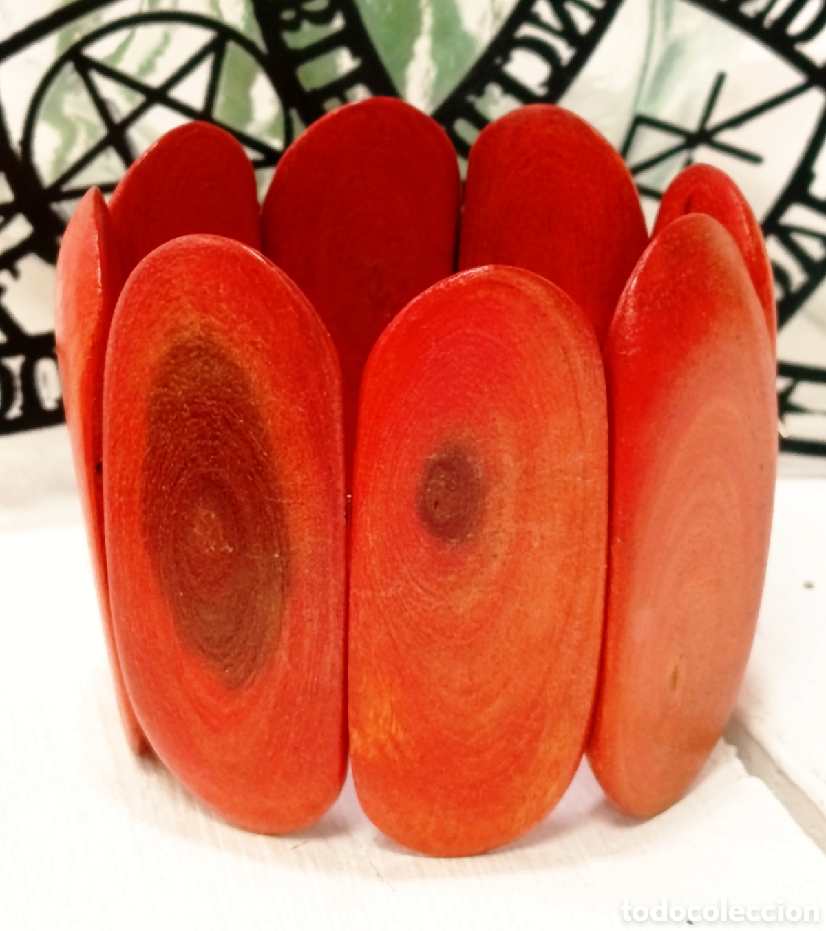 Joyeria: Espectacular pulsera de madera color naranja, antial&eacute;rgica, a&ntilde;o 2000, nueva