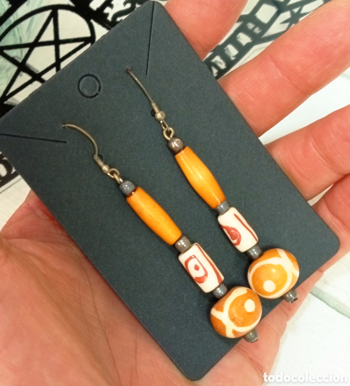 Joyeria: Pendientes Bohemios largos de hueso en color combinado, a&ntilde;os 80's, nuevos