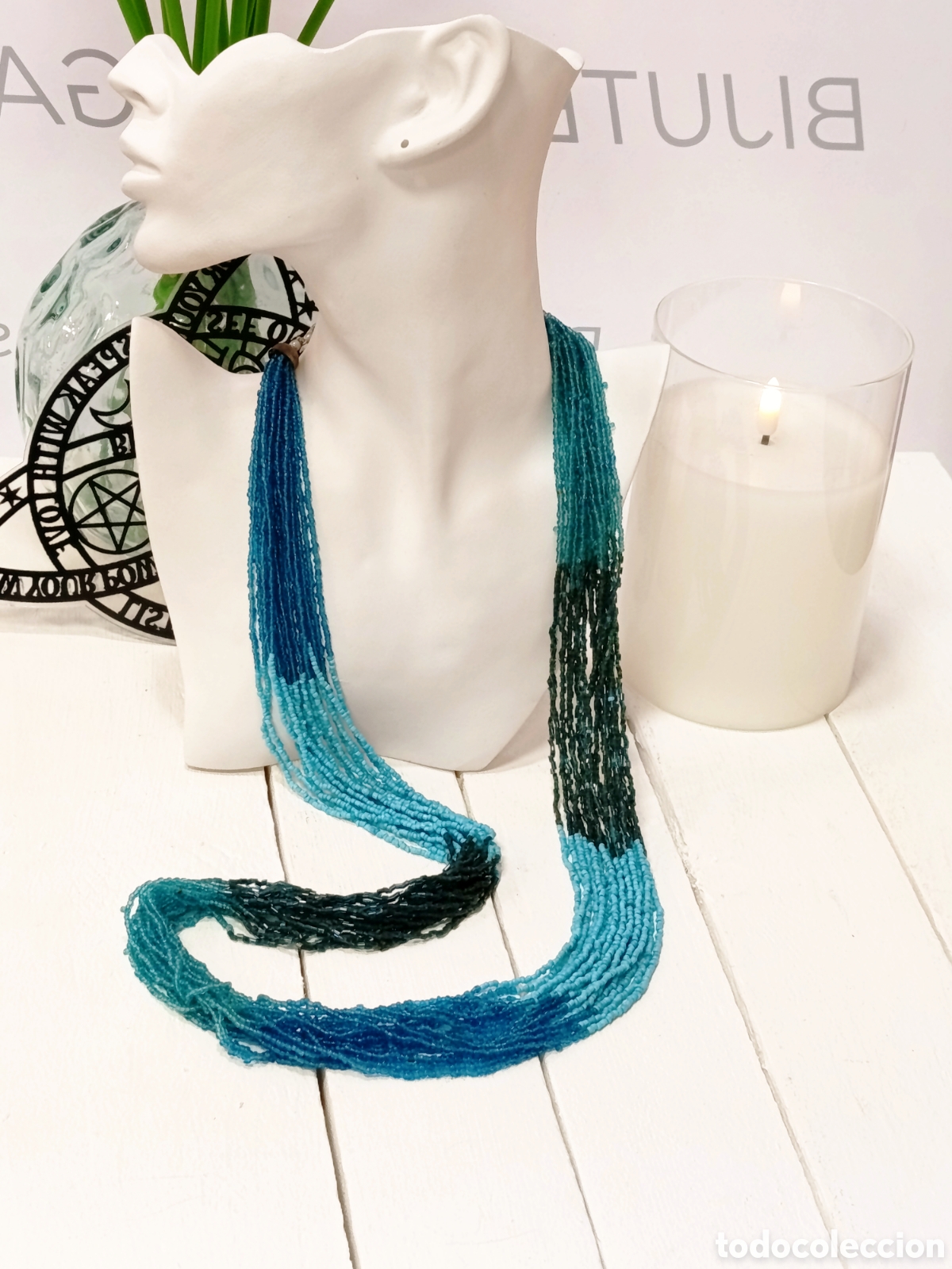 Joyeria: Collar bohemio largo de cristal color azul combinado, A&ntilde;os 80's, Nuevo