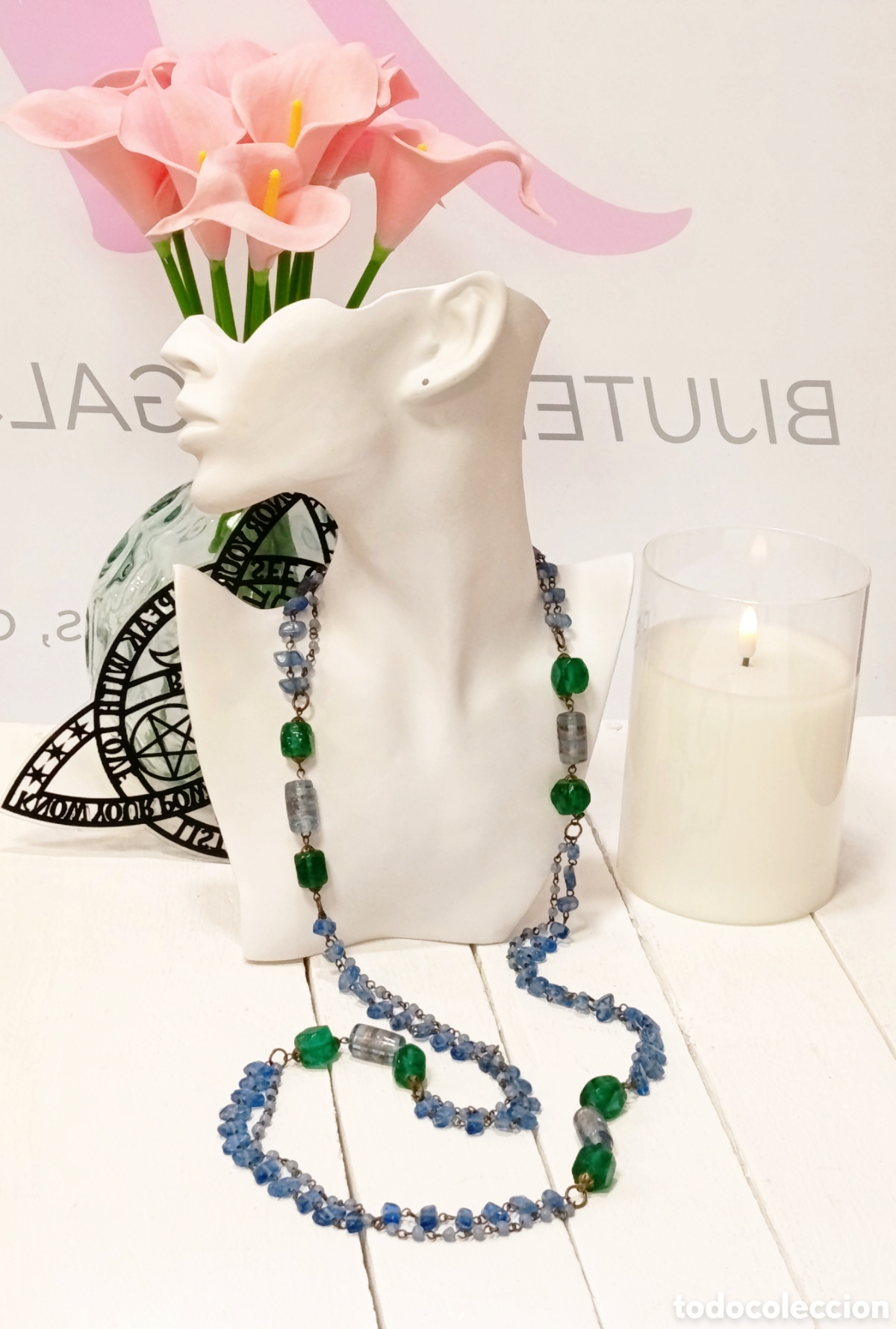 Joyeria: Collar Bohemio largo de cristal azul y verde azul, a&ntilde;os 80's, nuevo