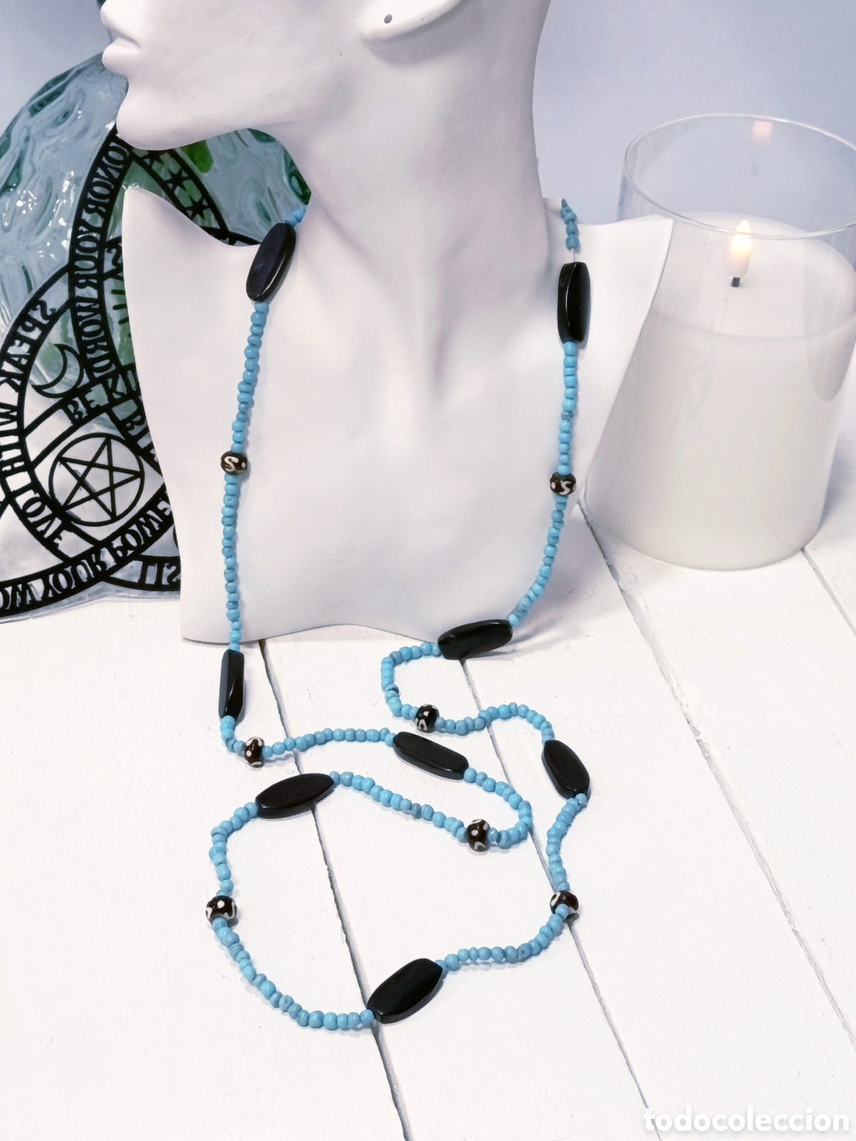 Joyeria: Collar Bohemio largo de cristal azul y hueso marr&oacute;n, antial&eacute;rgico, a&ntilde;os 80's, nuevo