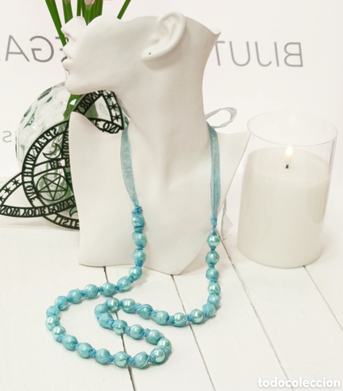 Joyeria: Collar largo azul perlas, antial&eacute;rgico, largo regulable, a&ntilde;o 2000, nuevo