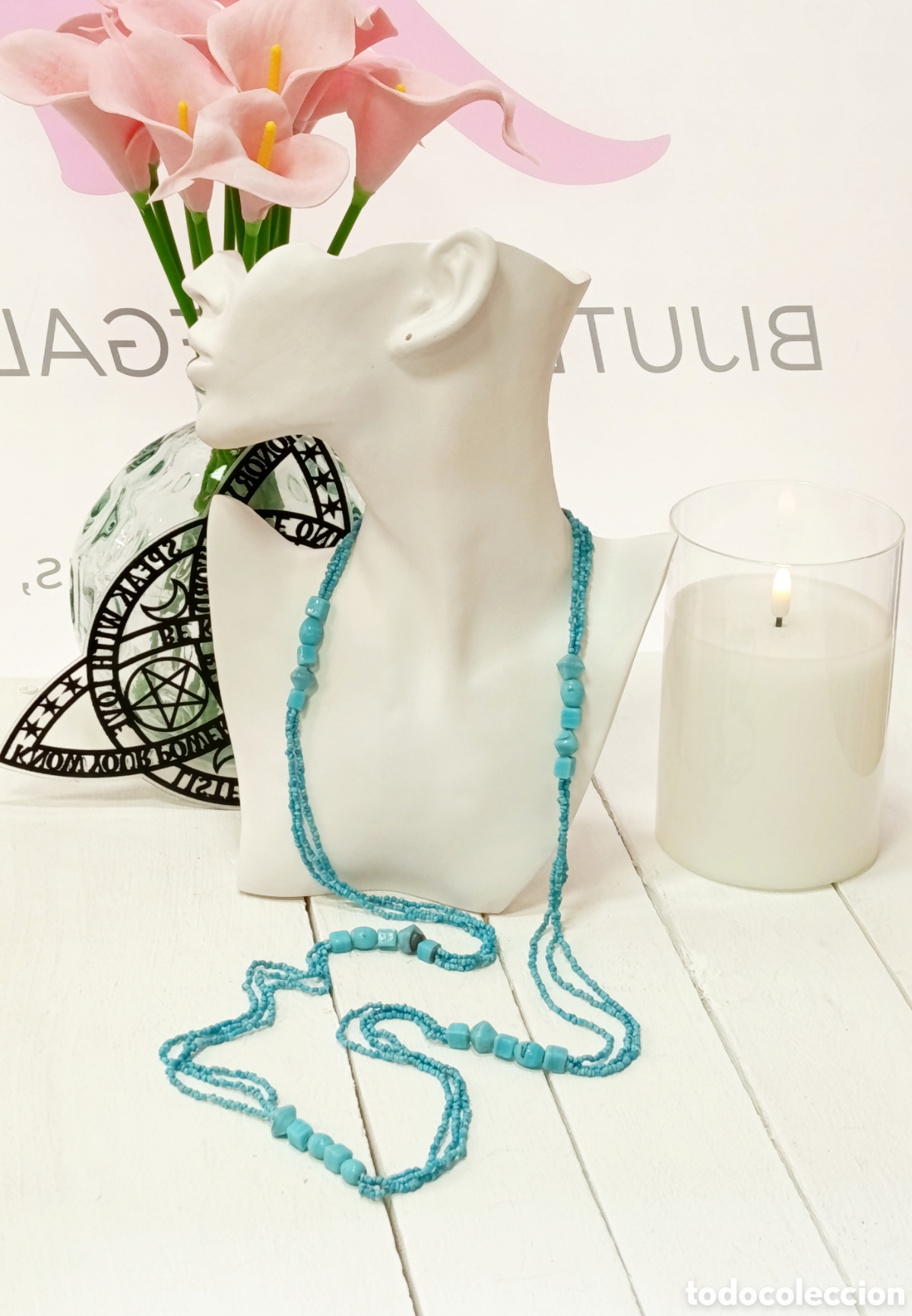Joyeria: Collar Bohemio largo de cristal color azul, antial&eacute;rgico, a&ntilde;os 90's, nuevo