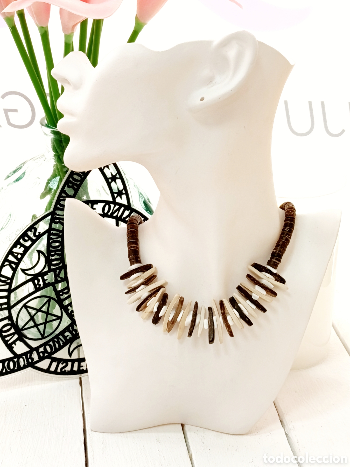 Joyeria: Collar Bohemio corto unisex de madera color marr&oacute;n y natural, A&ntilde;o 2000, nuevo