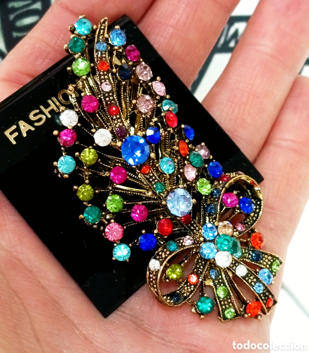 Joyeria: Broche color oro con strass multicolor, a&ntilde;o 2000, nuevo - Foto 2