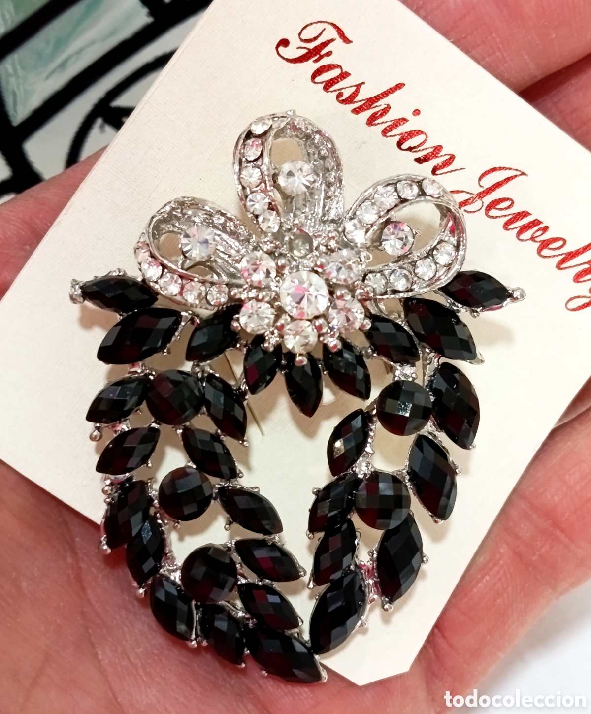 Joyeria: Broche vintage color plata con cristal y strass negro, a&ntilde;o 2000, nuevo