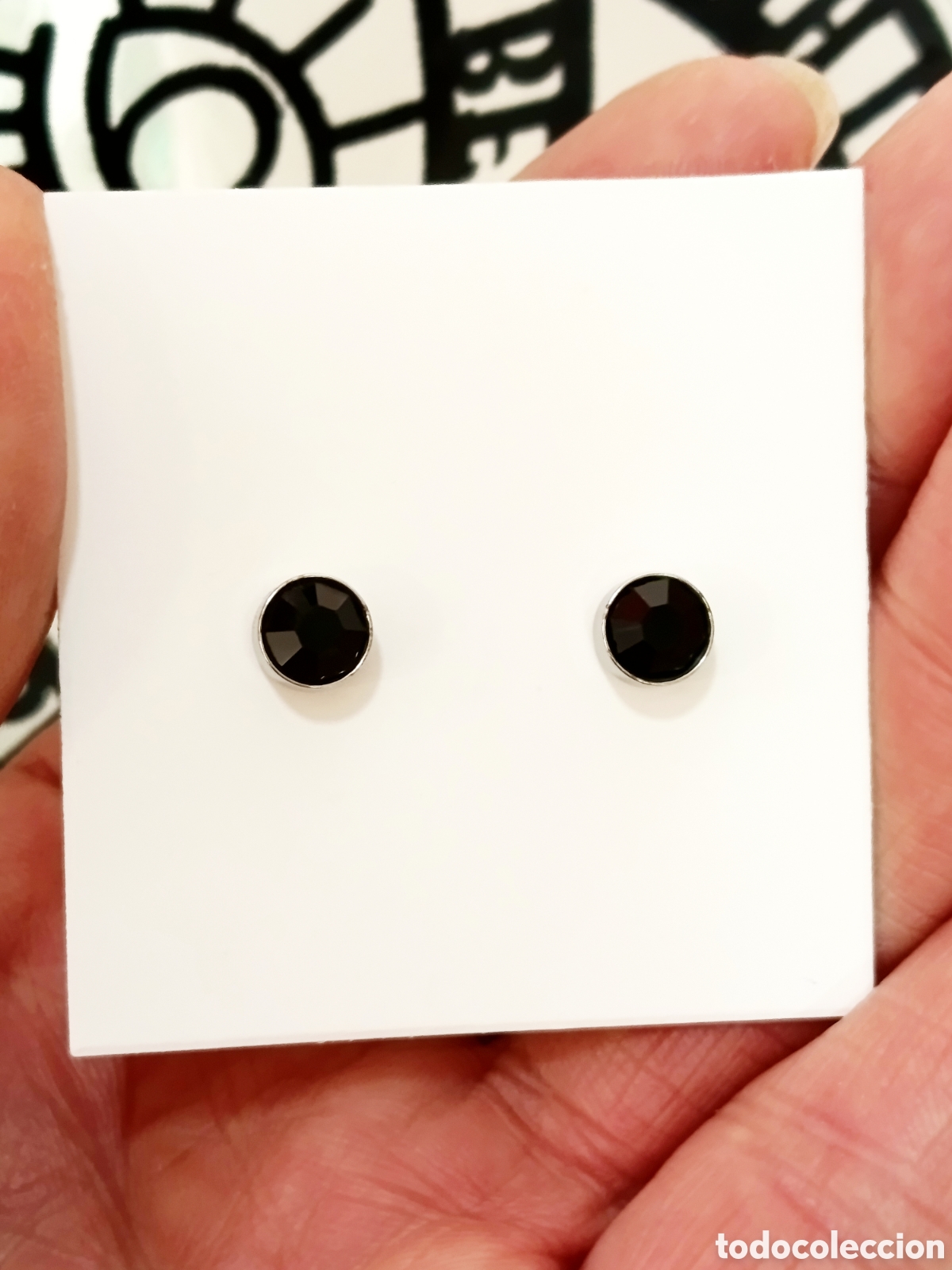 Joyeria: Pendientes unisex de acero y cristal color negro, nuevos
