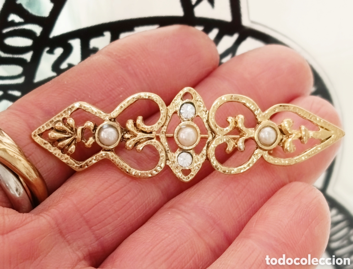 Joyeria: Broche vintage color oro con cristal y perlitas, a&ntilde;os 80's, nuevo