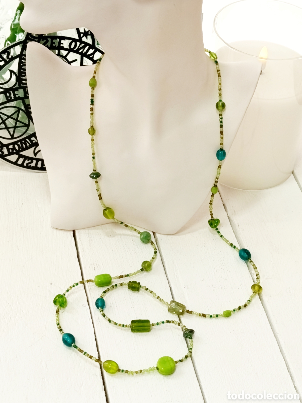 Joyeria: Collar Bohemio largo de cristal verde y azul, antial&eacute;rgico, a&ntilde;os 80's, nuevo