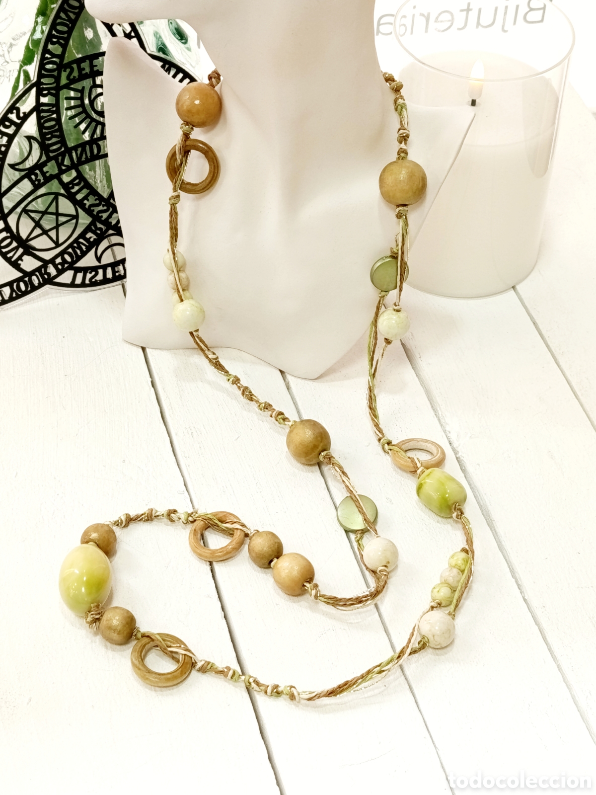Joyeria: Collar largo Bohemio verde y marr&oacute;n, antial&eacute;rgico, a&ntilde;o 2000, nuevo