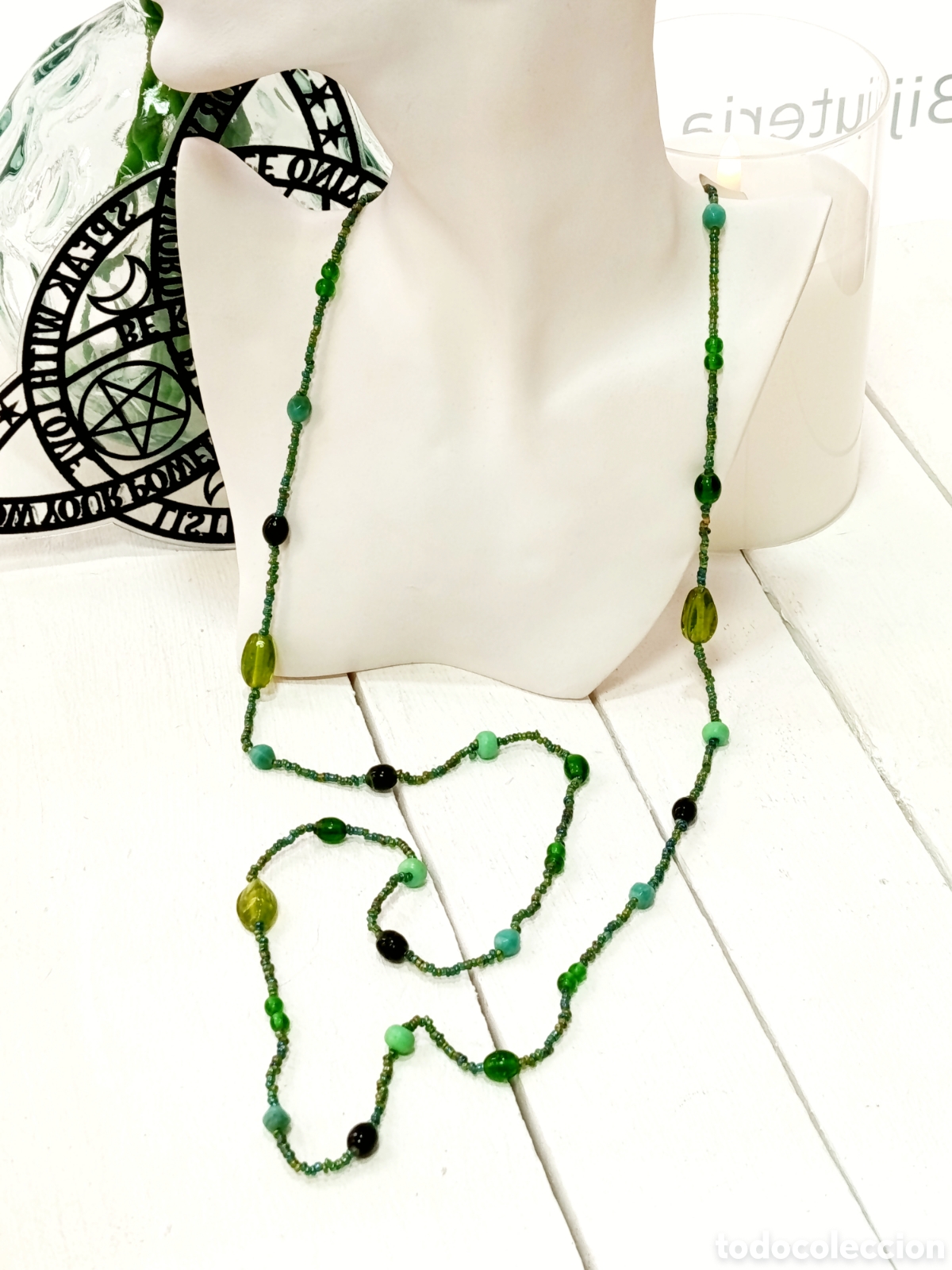 Joyeria: Collar largo Bohemio de cristal verde combinado, antial&eacute;rgico, a&ntilde;os 80's, nuevo