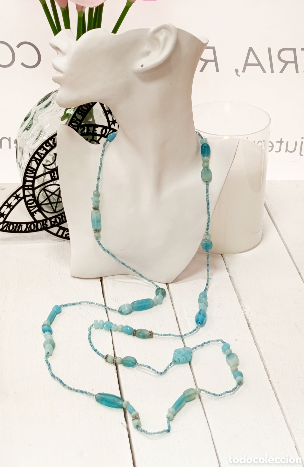 Joyeria: Collar Bohemio largo de cristal color azul, a&ntilde;os 80's, nuevo