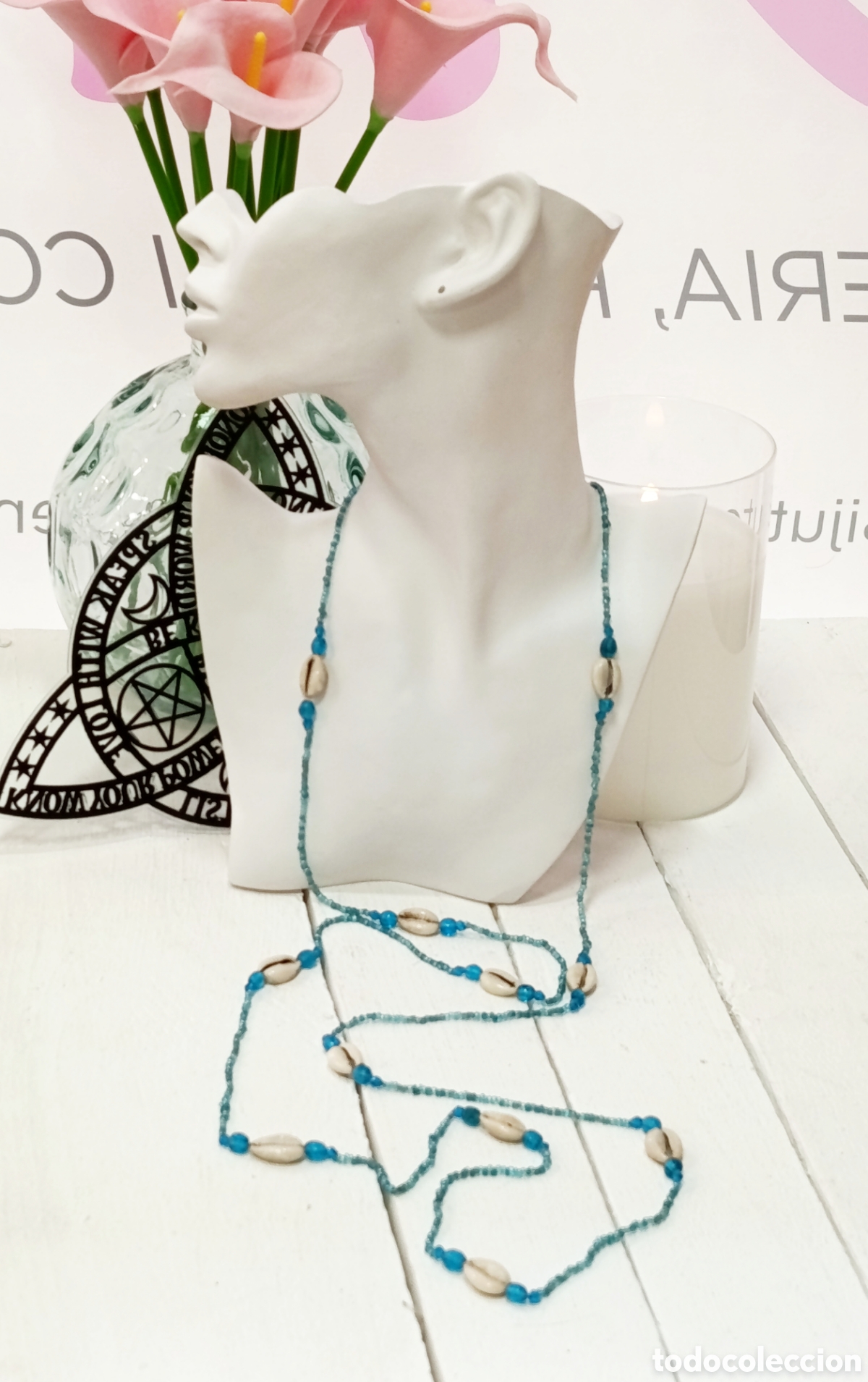 Joyeria: Collar largo Bohemio de cristal azul con caracolas, antial&eacute;rgico, a&ntilde;o 2000, nuevo