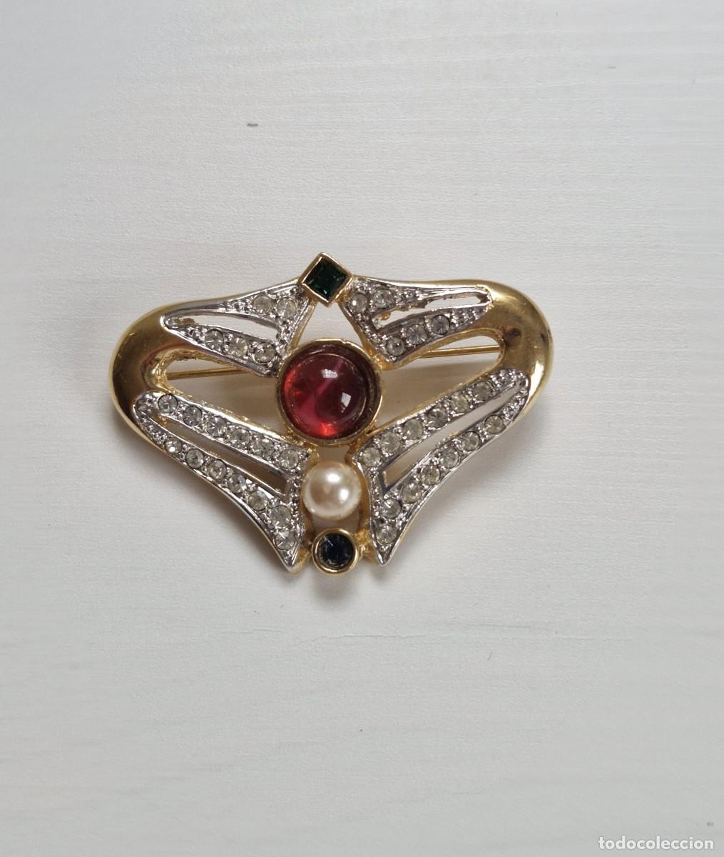 Joyeria: BROCHE VINTAGE DORADO Y PLATEADO CON PERLA Y CRISTALES &ndash; A&Ntilde;OS 40/50