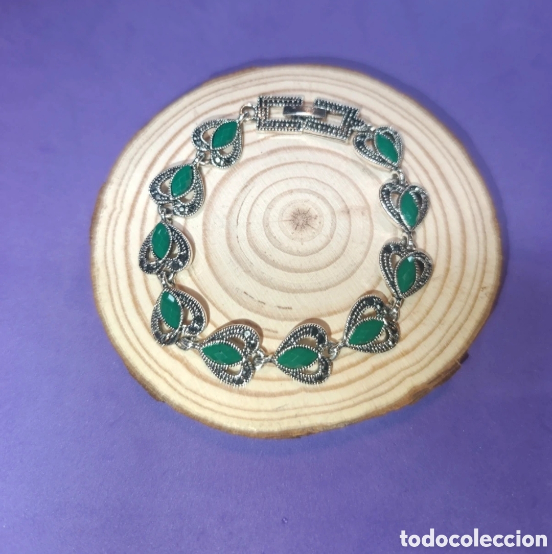 Joyeria: Pulsera acero plateado dise&ntilde;o gotas verdes