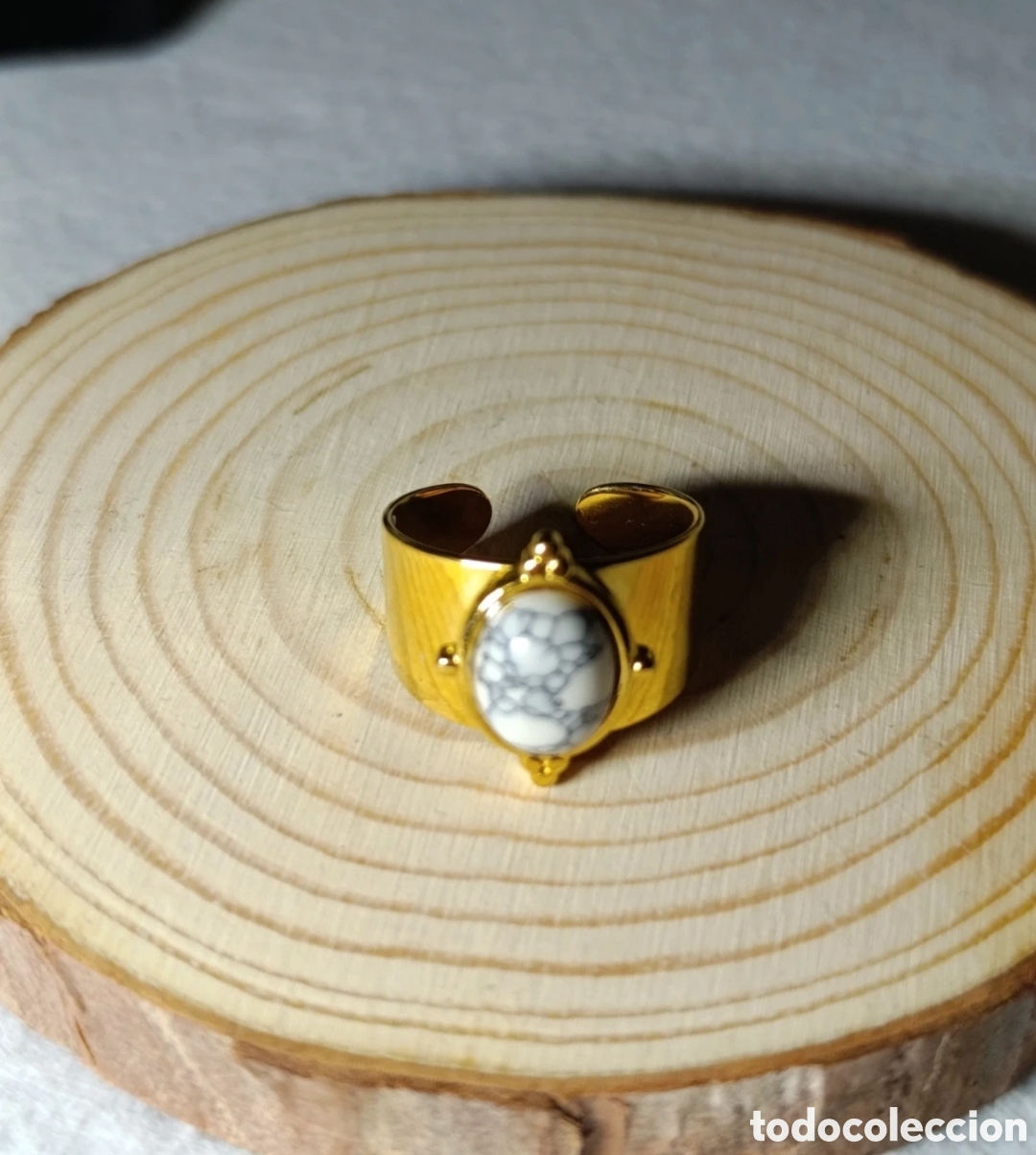 Joyeria: Anillo abierto acero dorado Agata gris de ara&ntilde;a talla 8