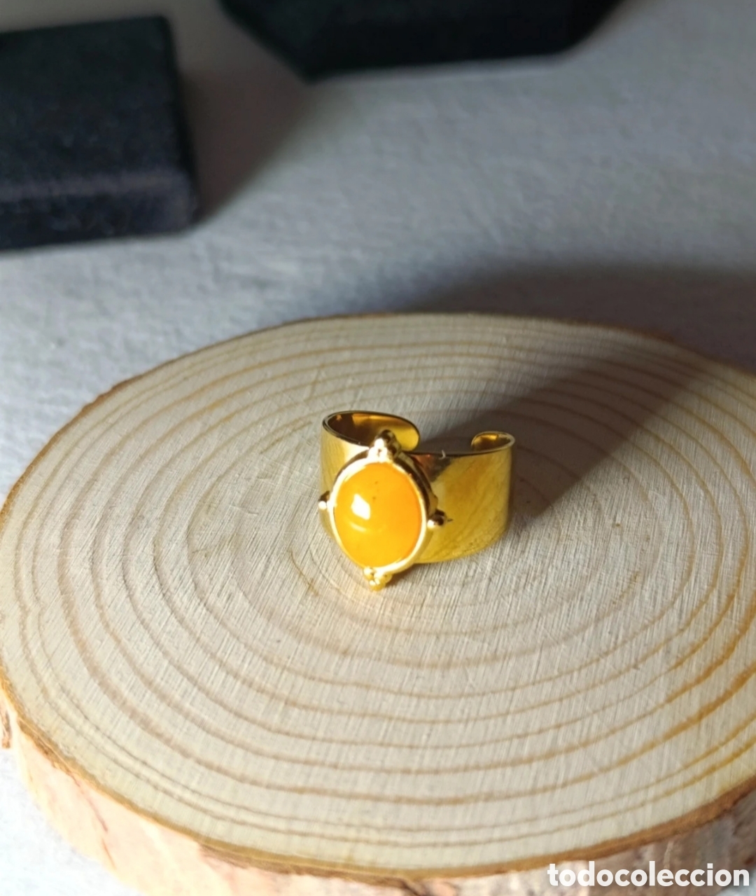 Joyeria: Anillo abierto acero dorado Ambar amarillo talla 8