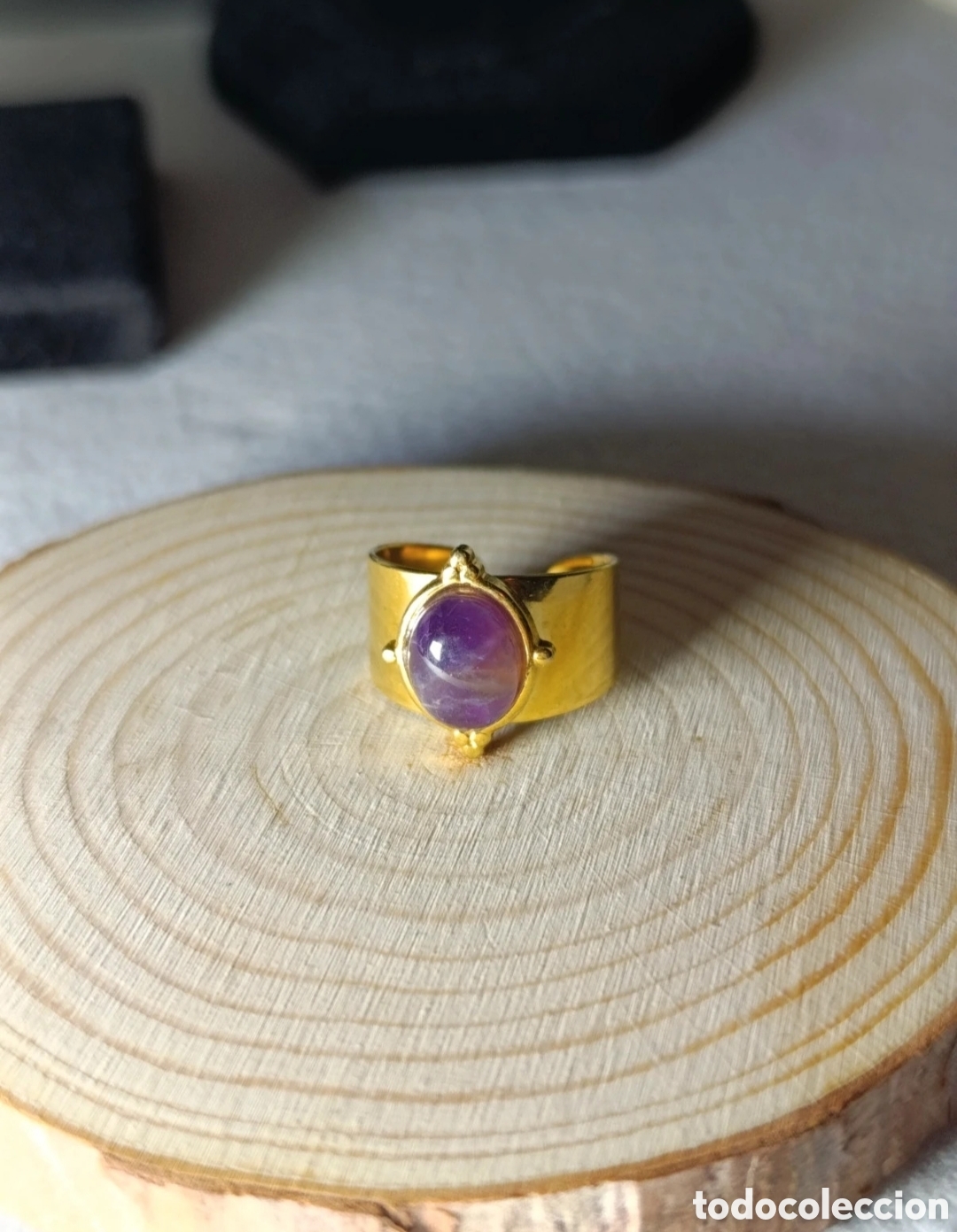Joyeria: Anillo abierto acero dorado amatista morada talla 8